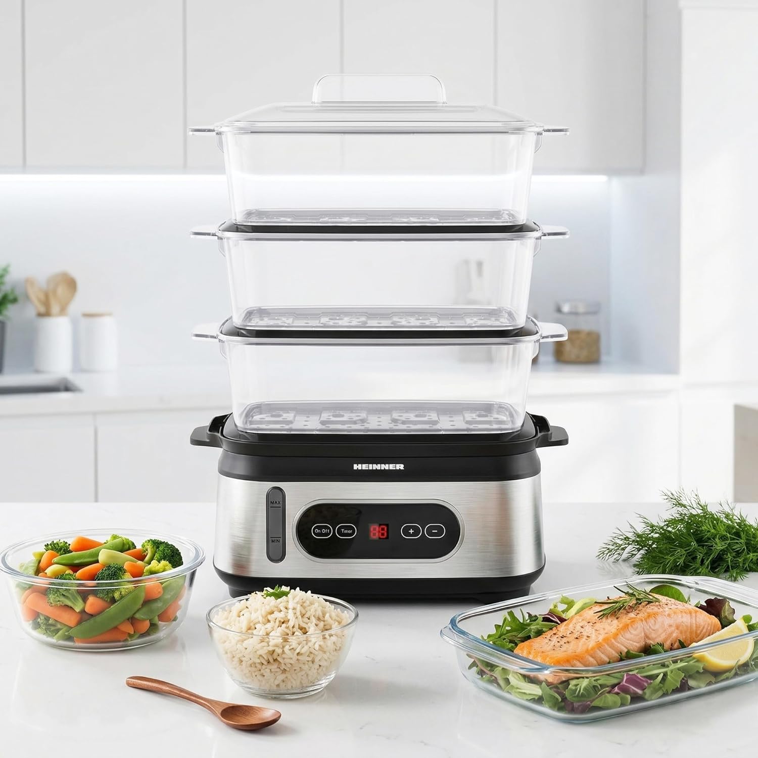 One Steam HSA-D950SS Elektrischer Dampfgarer, 9 l, 3 Stufen, BPA-frei, LED-Display, digitaler Timer 0–90 Min., Startauswahl 12 Stunden, automatische Abschaltung, spülmaschinenfest, inklusive 950 W, Modell ONE – Bild 6