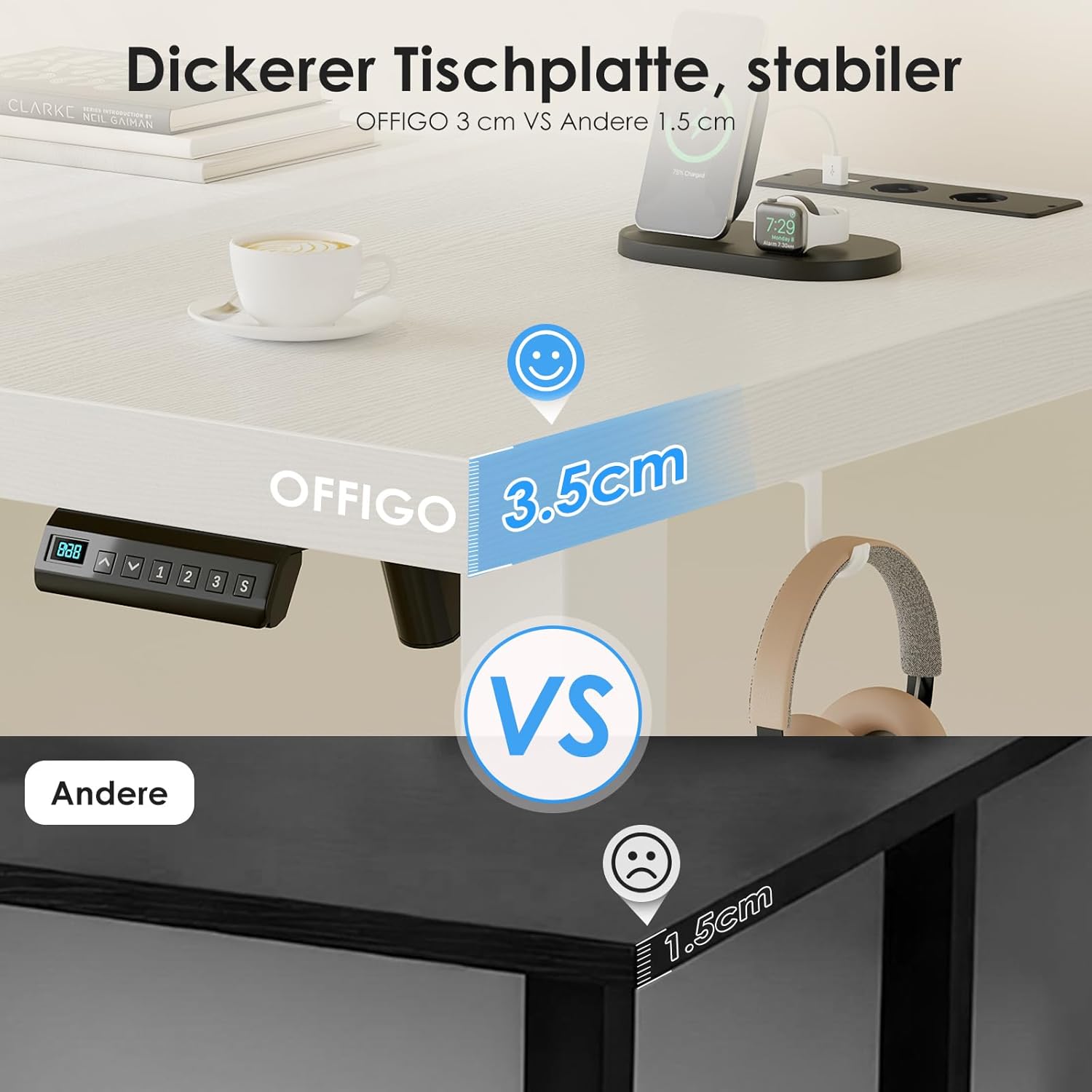 OffiGo höhenverstellbarer Schreibtisch mit Steckdose, 180 x 70 cm, 35 mm, weiß | Elektrischer Schreibtisch mit stabilen T-Beinen, Stehpult, perfekte Ergonomie für Büro, Gaming – Bild 4