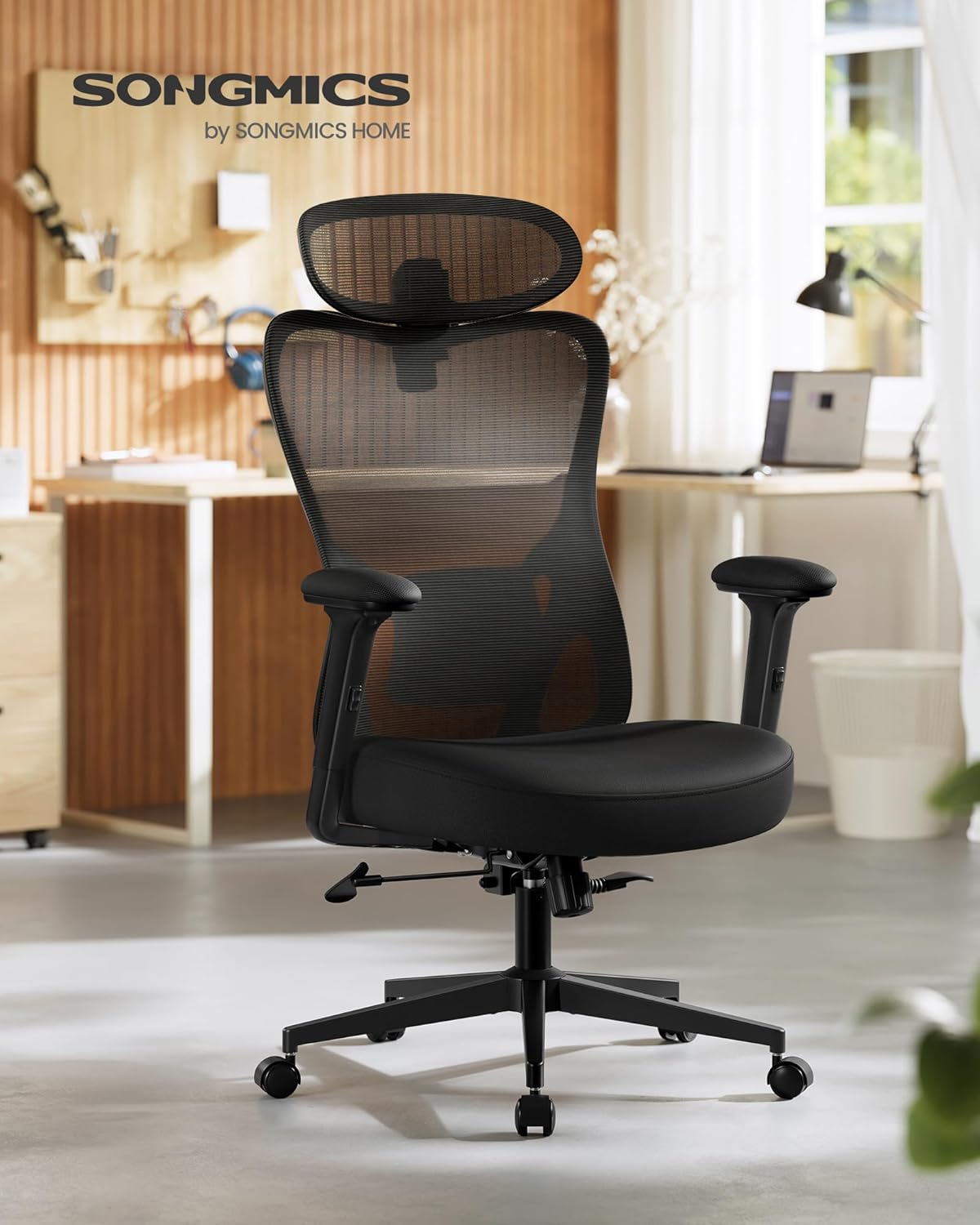 SONGMICS OBN066BH01 Ergonomischer Bürostuhl, Computerstuhl, verstellbare Lenden- und Kopfstütze, maximale Belastung 150 kg, höhenverstellbar, Tintenschwarz – Bild 3
