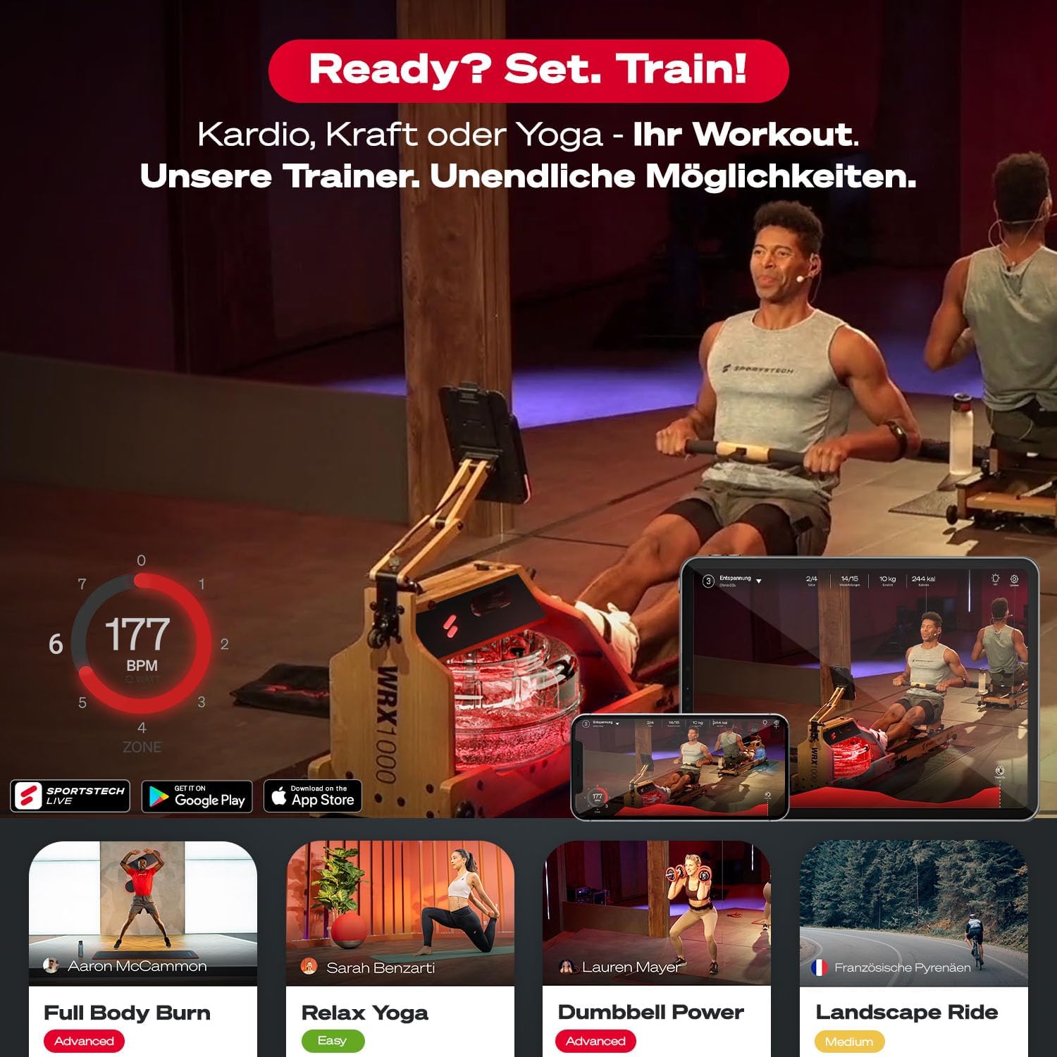 Sportstech Premium Rudergerät Wasser für Zuhause, Rudermaschine mit LED-Wassertank, Water Rower klappbar, Deutsches Qualitätsunternehmen, App mit Workout Kursen+ Tablethalterung, Massivholz, WRX1000 – Bild 8