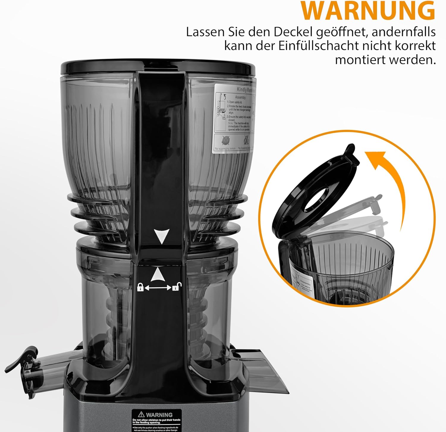 PUKOMC Kaltpress-Entsafter mit 14,7 cm (5,8 Zoll) Schlitz – Slow Juicer für ganze Früchte und Gemüse, 1,8-Liter-Behälter, 300 W, inklusive Reinigungsbürste und Auffangbecher, Grau – Bild 6