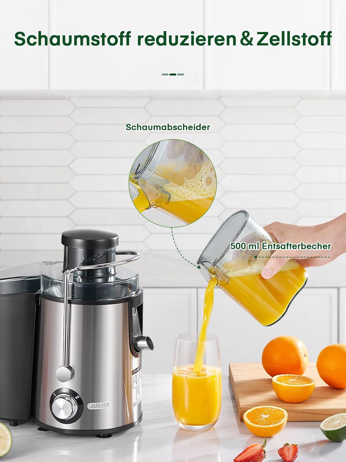 Juilist Entsafter für Gemüse und Obst, 800 W max., Zentrifugal-Entsafter aus Edelstahl 304 mit 65-mm-Einfüllschacht, 2 Geschwindigkeiten, leicht zu reinigen und tropffrei, inklusive Bürste und Rezeptbuch – Bild 6