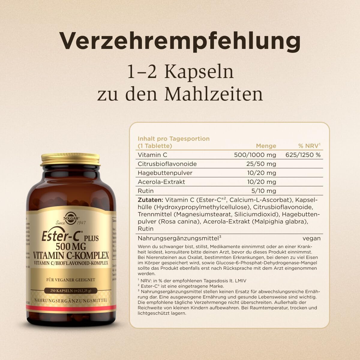 SOLGAR Ester-C Plus (500 mg) | Vitamin-C-Komplex mit patentiertem Ester-C, Zitrus-Bioflavonoiden, Acerola-Extrakt, Hagebuttenpulver und Rutin | 250 vegane Kapseln – Bild 6