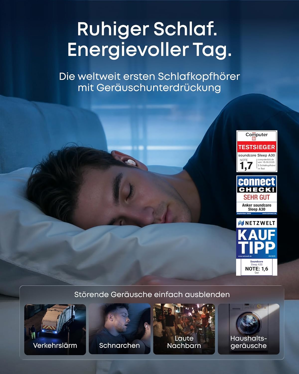 soundcore Anker Sleep A30 Schlafkopfhörer, geräuschmaskierende Bluetooth-Kopfhörer, adaptives Schnarchmaskensystem, besonders bequem für Seitenschläfer, 45-Stunden-Akku – Bild 3