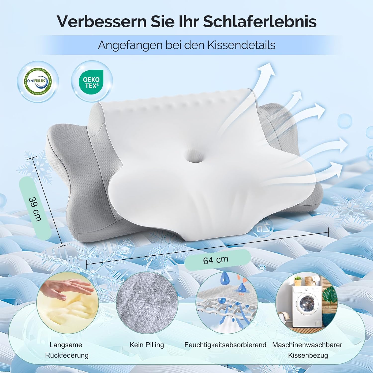Nackenkissen, Memory-Schaum-Kissen, ergonomisches Kissen, Nackenstützkissen für Seitenschläfer, Rücken- und Bauchschläfer – Bild 2