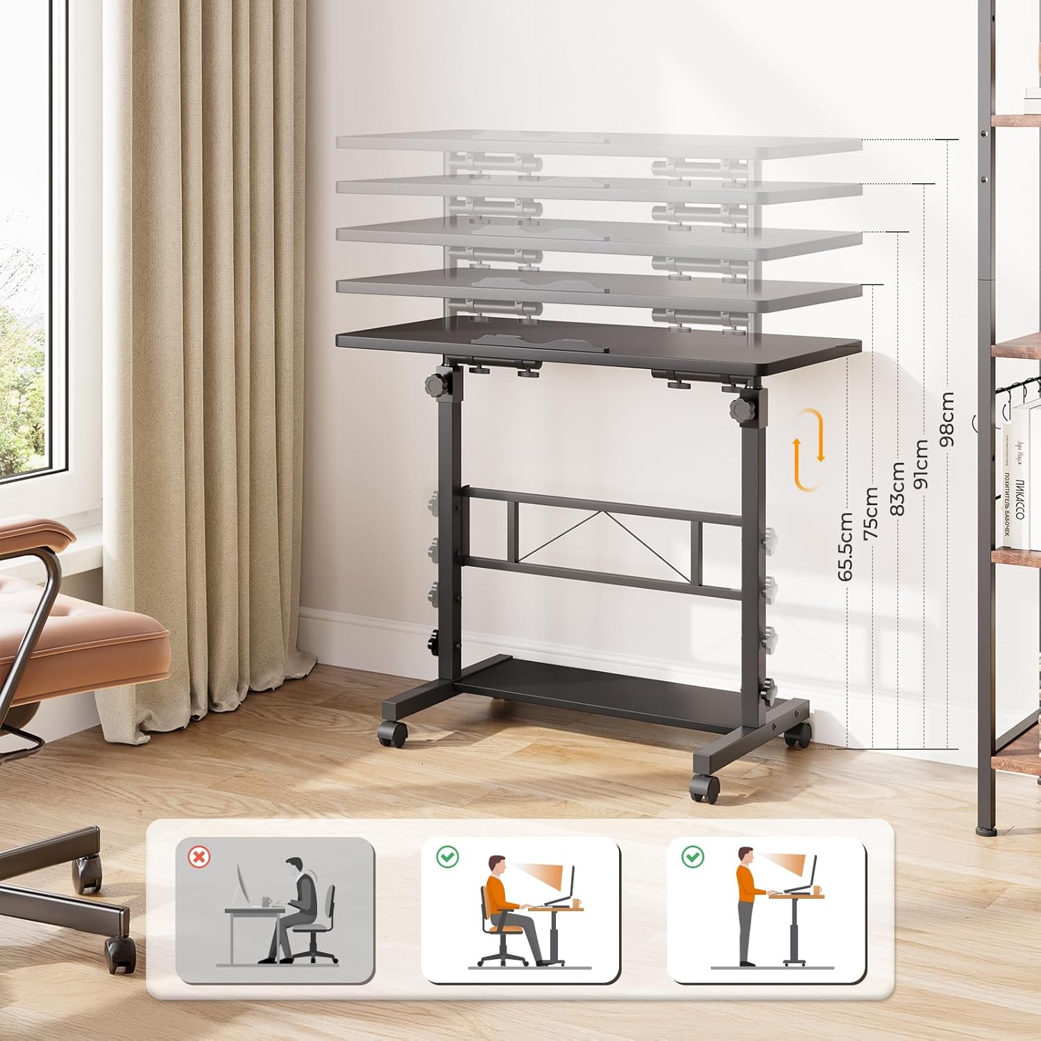 Dripex 80 x 40 cm Stehschreibtisch, höhenverstellbar 65–98 cm, mobiler Computertisch mit Rollen und neigbarer Tischplatte, Überbetttisch, Stehsitztisch für Zuhause und Büro, Schwarz – Bild 6