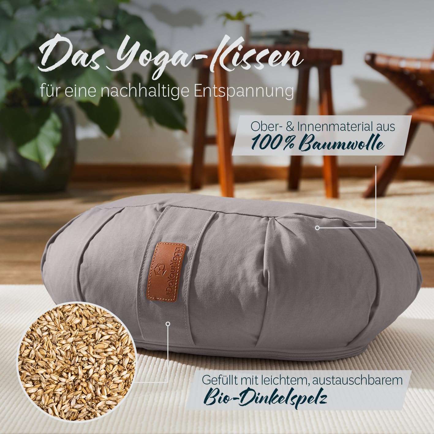 #DoYourYoga Zafu-Halbmondkissen „Ganesh“ gefüllt mit Bio-Dinkelspelzen oder Bio-Buchweizenspelzen | waschbarer Bezug | 45 x 30 x 14 cm | Meditation, Sitz, Rondokissen für Yin Yoga – Bild 2