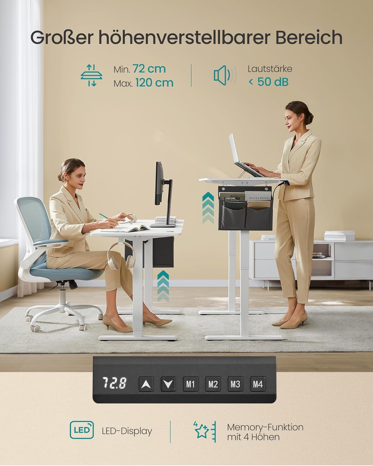 SONGMICS LSD136W01 Höhenverstellbarer elektrischer Schreibtisch, 70 x 160 x 72–120 cm, Memory-Funktion mit 4 Höhen, für Home Office, Arbeitszimmer, Wolkenweiß – Bild 4