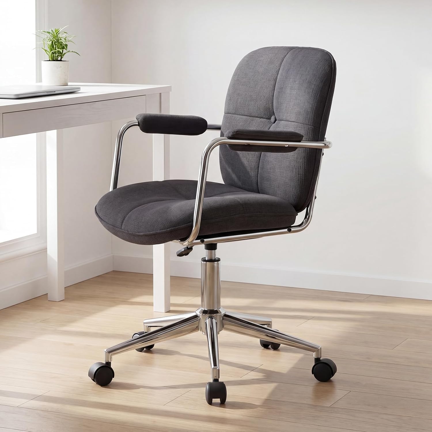 Ya-Home Schreibtischstuhl, Bürostuhl, ergonomisch mit Armlehne, 360° drehbarer Heimbürostuhl, höhenverstellbar, Computerstuhl mit Rollen für Arbeitszimmer, Schlafzimmer, Chenille-Stoff, Grau – Bild 6