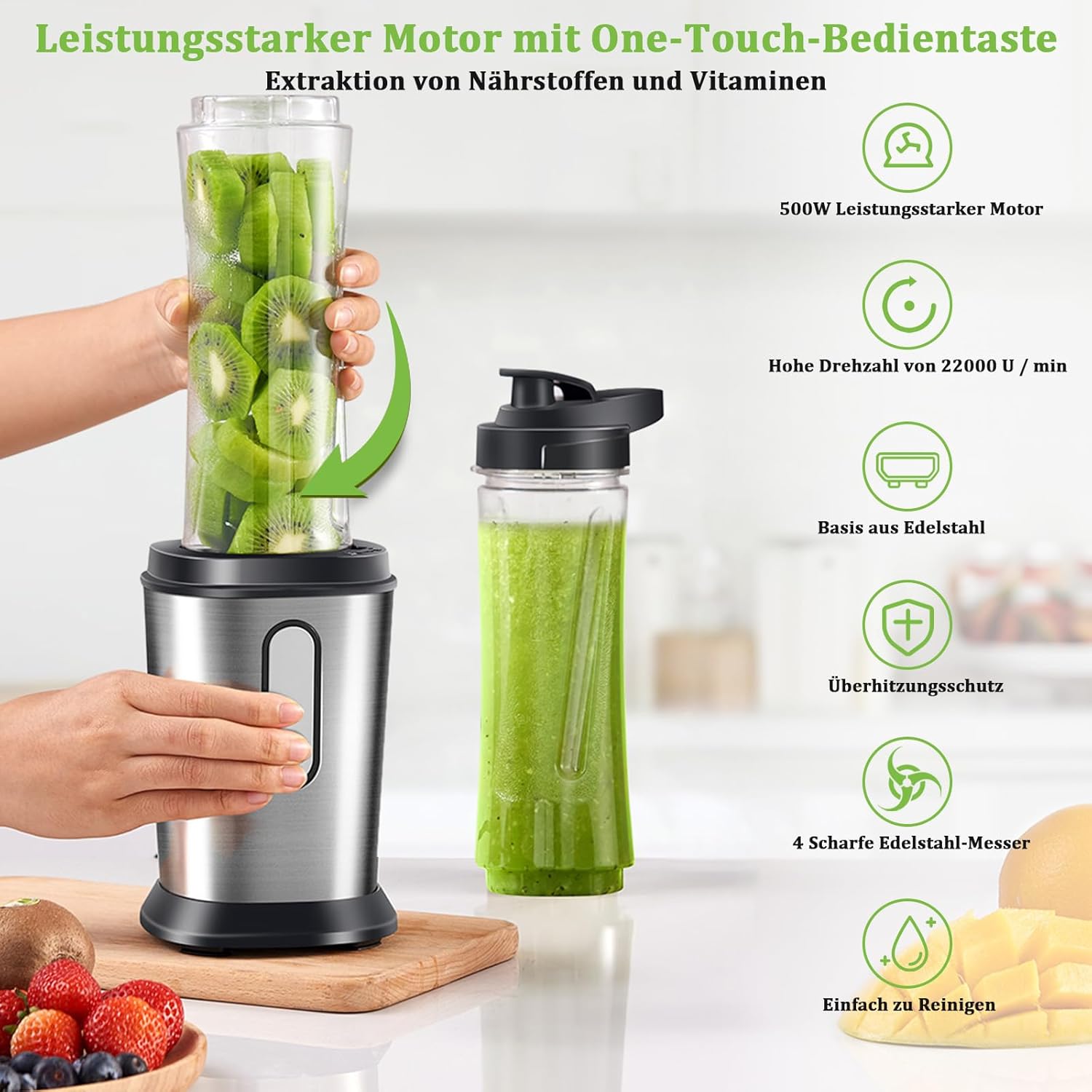 Mixer, 500W Mini Standmixer & Smoothie Maker mit 2 x 600 ml Flaschen, BPA-freies Tritan, tragbarer Mixer Smoothie Maker aus Edelstahl, 4 Blatt zum Shaken, Smoothie, Silber (Silber) – Bild 3