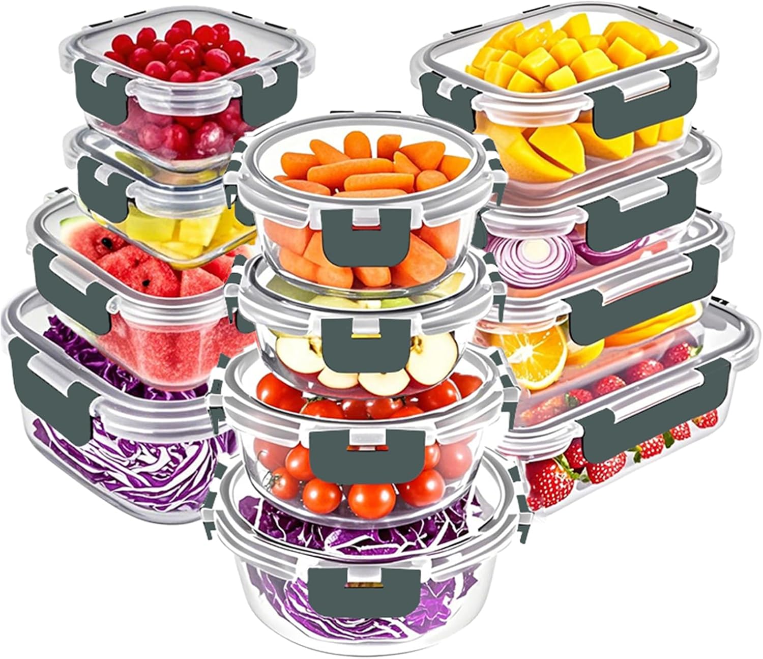 VERONES 12er-Pack Glas-Crisper-Seet, luftdichte Lunchboxen aus Glas, stapelbar mit Deckel, gefrier- und spülmaschinenfest, grau