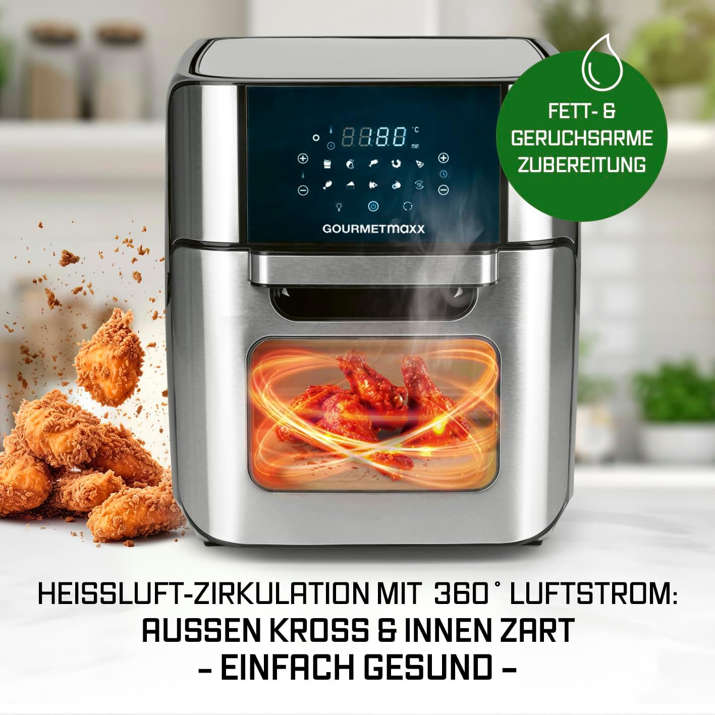 GOURMETmaxx Digitale XXL Heißluftfritteuse 12 Liter | Braten ohne Fett, Zubehör ist spülmaschinenfest | Edelstahldesign, 10 Programme und Timerfunktion (1.800 Watt/Schwarz) – Bild 6