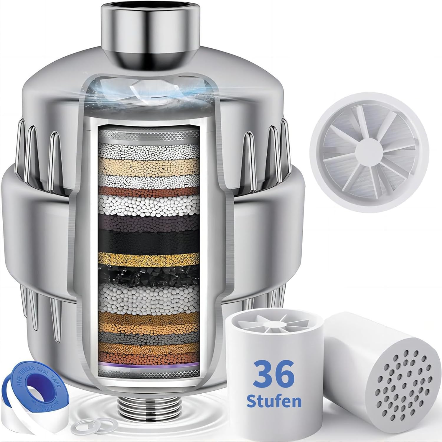 36-stufiger Duschfilter mit Vitamin C & E, 2 Filterkartuschen zur Entfernung von hartem Wasser, Chlor und Schwermetallen, Kalkfilterdusche mit Ventilatorflügeln, verbessert Haut/Haare/Nägel, Wasserfilterdusche