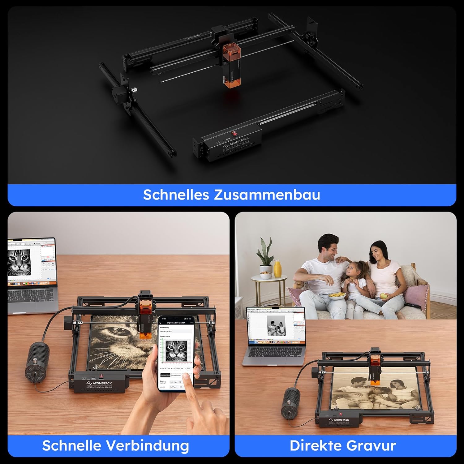 ATOMSTACK SWIFT A10 PRO V2 10 W Lasergravurmaschine, Gravurbereich: 410 x 380 mm, Laserschneider, hochpräziser Laserschneider für personalisierte Geschenke, Holz, Acryl, Leder (SWIFT A10 PRO V2 10 W, Schwarz) – Bild 6
