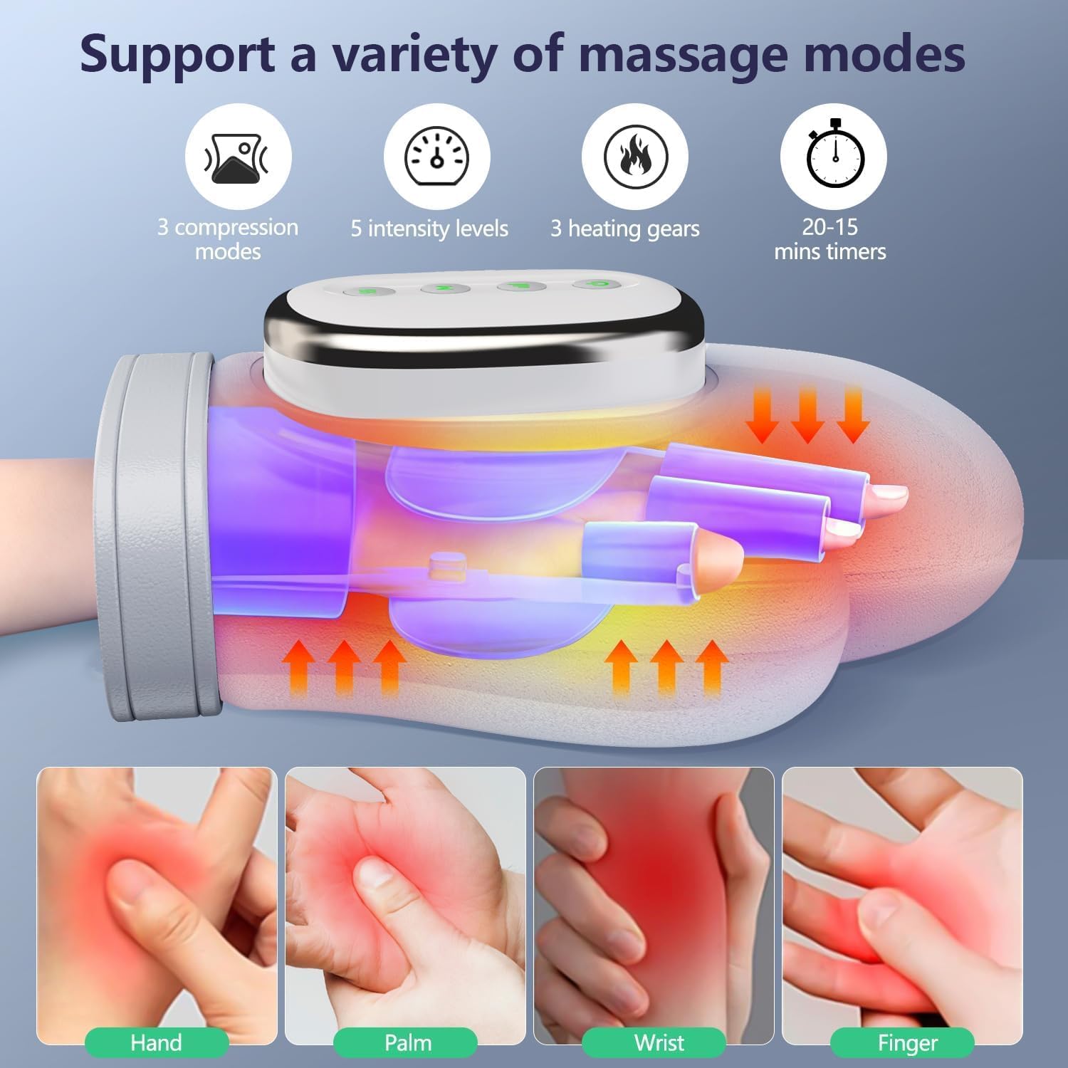 Elektrisches Handmassagegerät mit Wärme und Kompression, 3 Massagemodi, 3 Temperaturkontrolloptionen, 5 Kompressionsmodi, kabelloses tragbares Fingermassagegerät, Handmassage kann Taubenfinger lindern – Bild 2