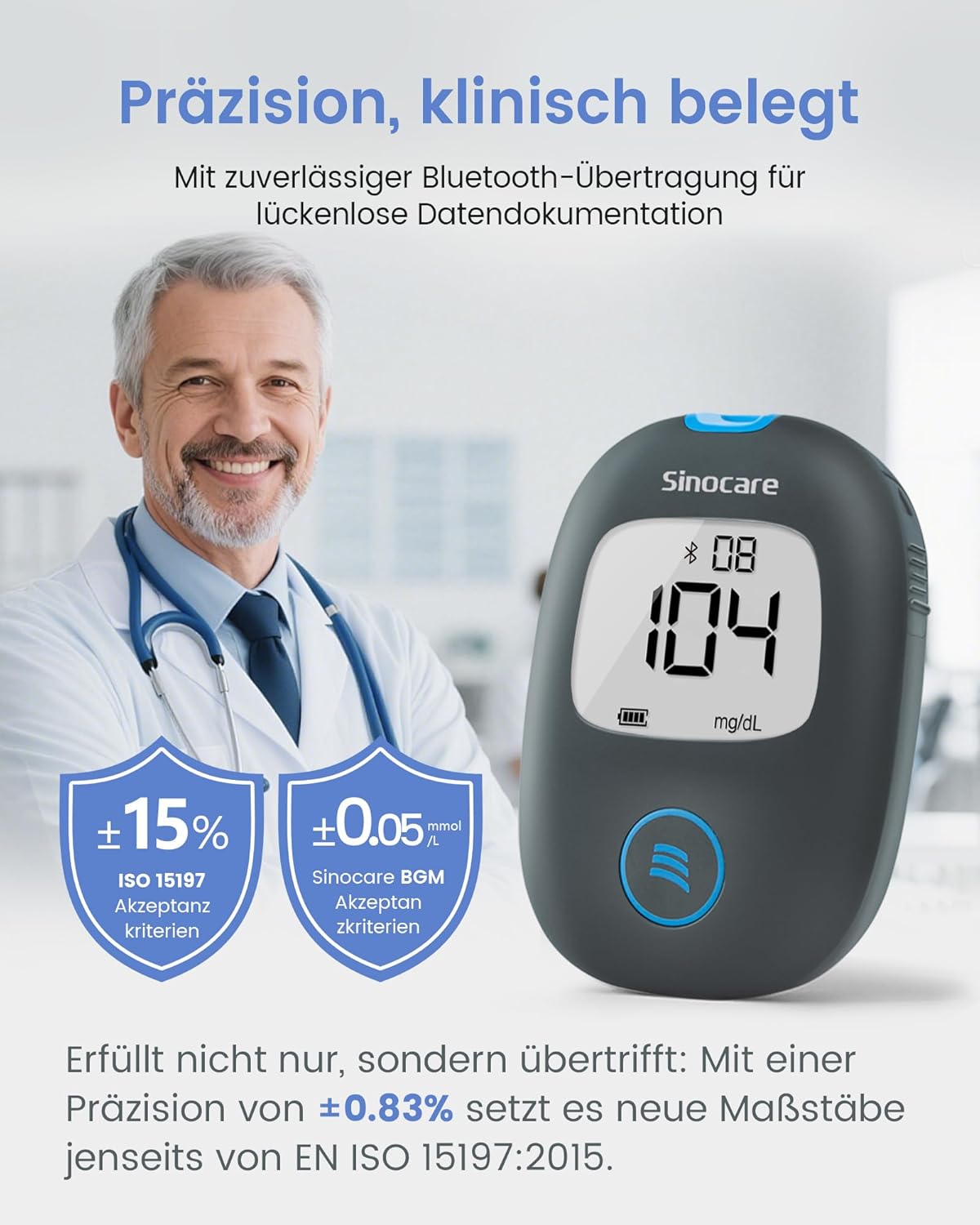 Sinocare Blutzuckermessgerät Bluetooth mit App – klinische Präzision, 5-Sekunden-Probenahme, 50 Teststreifen + 50 Lanzetten, mg/dl, sichere AQ-Luft – Bild 3