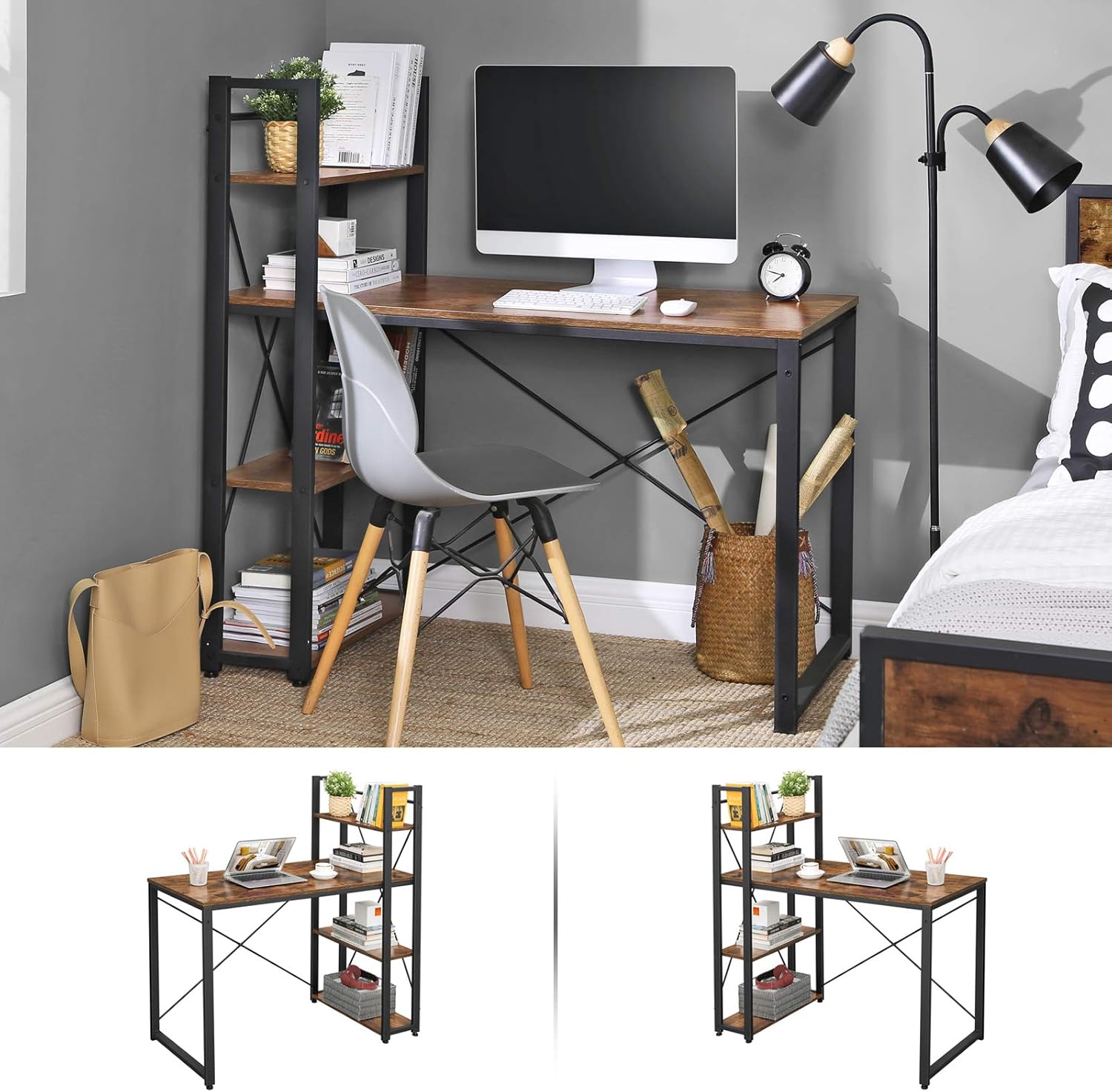 VASAGLE Schreibtisch, 120 cm lang, Computertisch mit Regalen rechts oder links, Bürotisch, Arbeitszimmer, Heimbüro, einfache Montage, stabiles Industriedesign, Vintage-Braun/Schwarz LWD48X – Bild 4