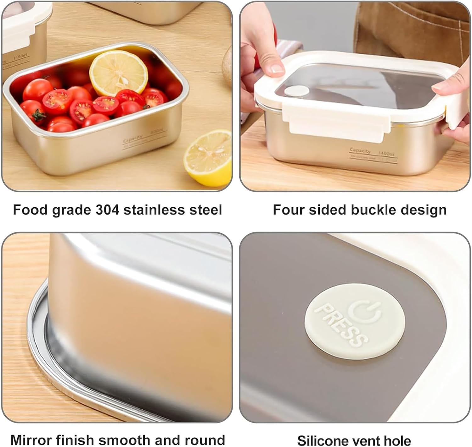 PORFOYO Meal Prep Boxen, Edelstahl, 3er-Set, stapelbare Frischhaltedosen mit Deckel, auslaufsichere Lunchbox, Edelstahl, wiederverwendbare Behälter mit Deckel, Edelstahl-Lunchbox, 800 ml – Bild 3