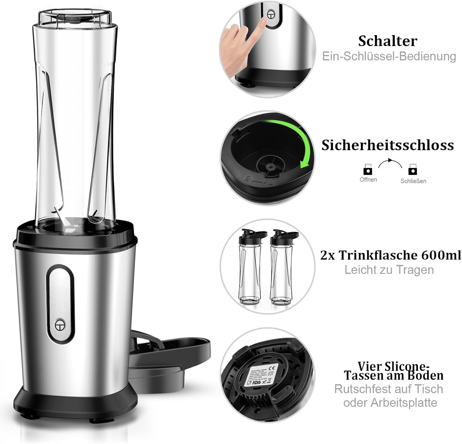 Mixer, 500W Mini Standmixer & Smoothie Maker mit 2 x 600 ml Flaschen, BPA-freies Tritan, tragbarer Mixer Smoothie Maker aus Edelstahl, 4 Blatt zum Shaken, Smoothie, Silber (Silber) – Bild 6