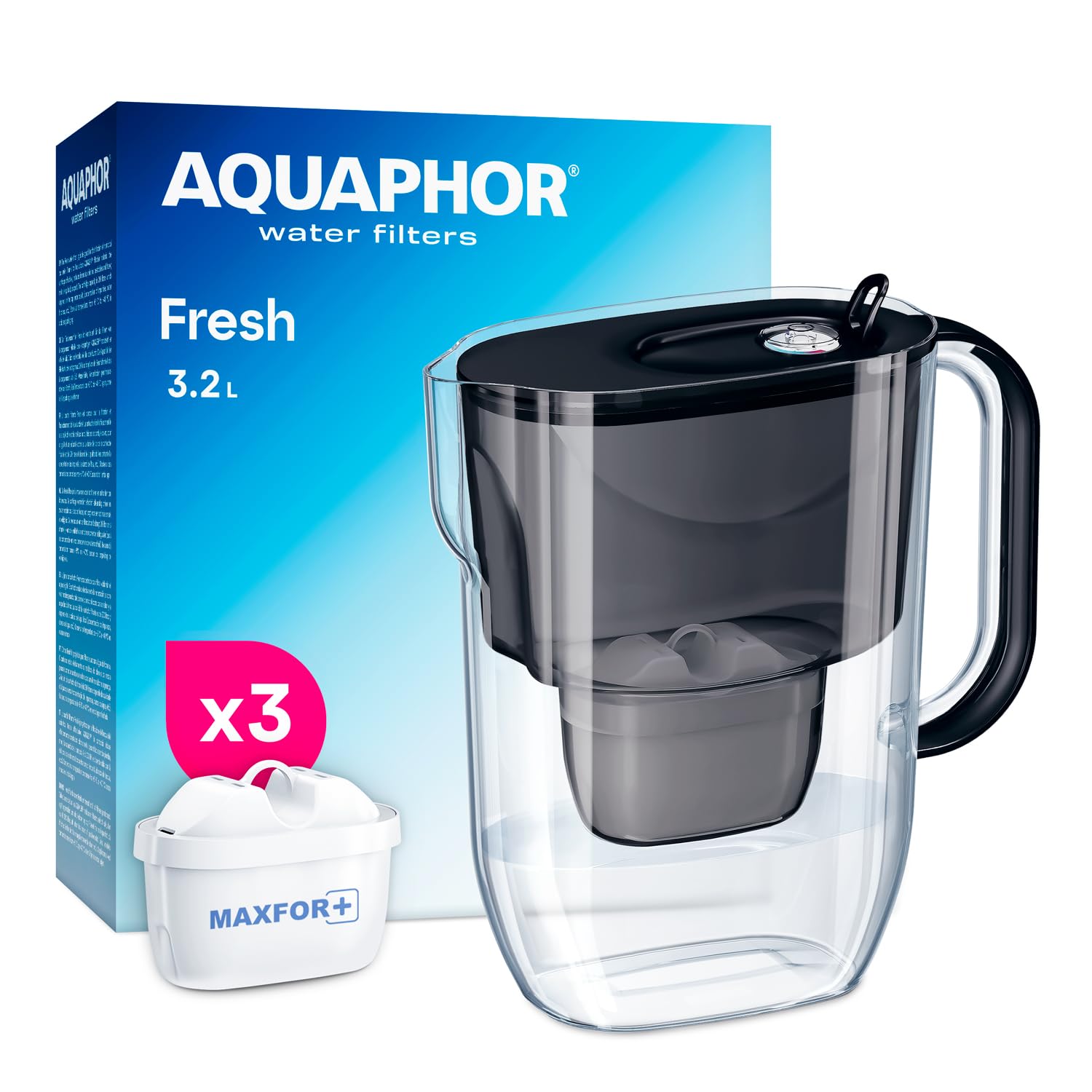 Aquaphor Frischwasserfilterkrug 3,2 l mit 3 Maxfor+ für Kühlschrank | Schmale Form für die Kühlschranktür, bis zu 600 L Filterleistung, reduziert Kalk und Verunreinigungen, schwarz