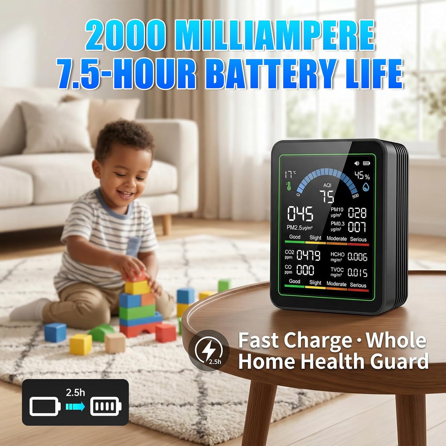 10-in-1-Luftqualitätsmonitor mit Farbdisplay und 4-Farben-Alarm, Messung von CO₂, PM1,0/PM2,5/PM10, HCHO, Temperatur und Luftfeuchtigkeit. Luftüberwachungsgerät mit Typ C für Zuhause, Büro (Schwarz) – Bild 6