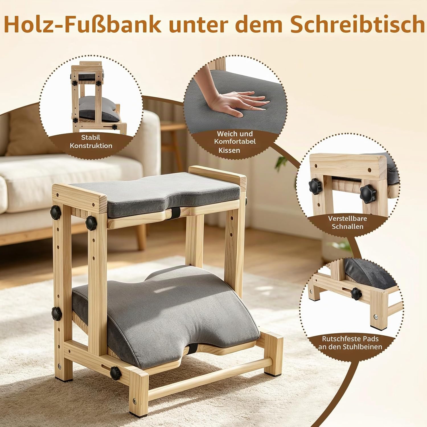 2-in-1 Fußstützen-Schreibtisch als Bein- & Fußstütze, 4-fach verstellbarer Fußhocker aus Kiefernholz, Entlastung von müden Beinen, herausnehmbare weiche Polsterung, rutschfeste Fußstütze für Büro & Zuhause – Bild 4