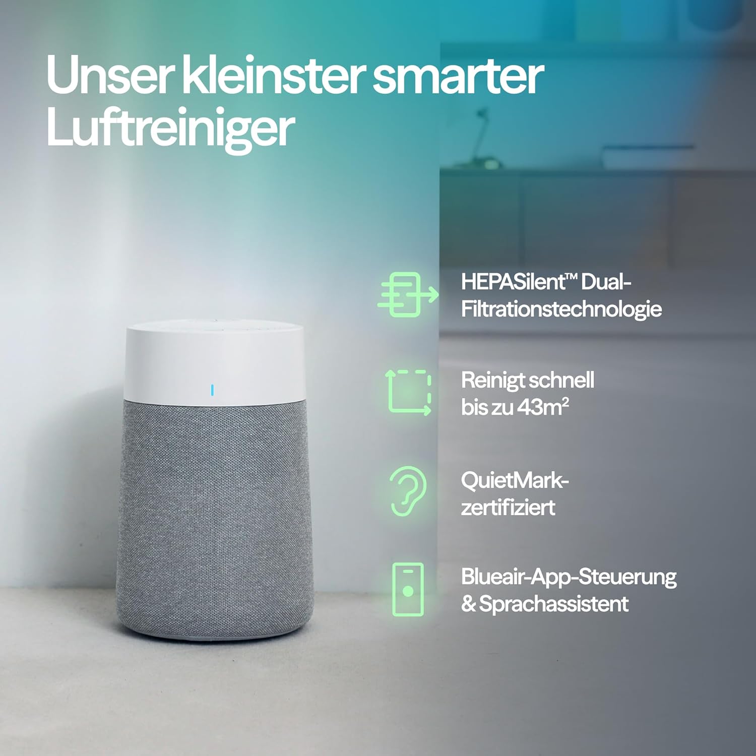 BLUEAIR Luftreiniger für Räume bis 43 m² – Smart, leise, HEPA Silent-Technologie, ideal für Zuhause, Schlafzimmer, Kinderzimmer, gegen Staub, Allergene, Rauch, Schimmel, Tierhaare – Blue Pure 511i max – Bild 2