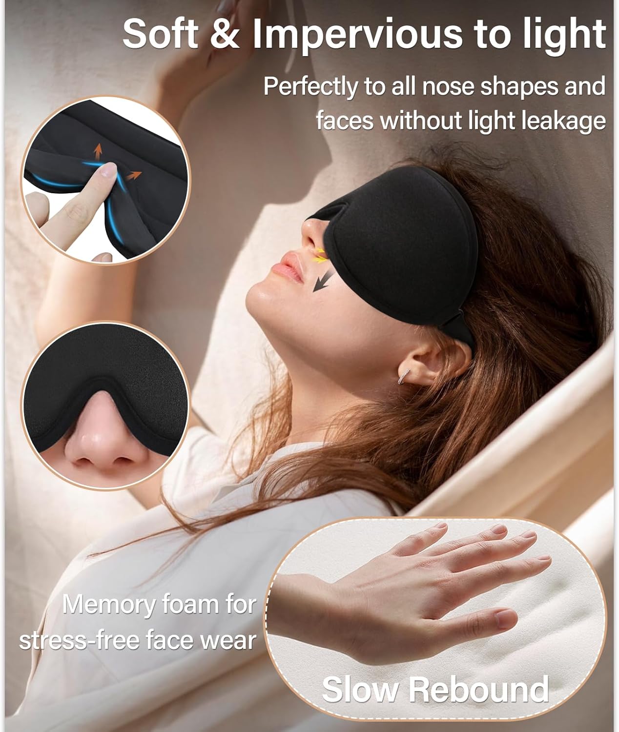 FuninCrea 3D-Schlafmaske aus Seide für Damen und Herren, aktualisierte Schlafmaske, kein Augenabdruck, weiche und bequeme Augenmaske, Schlafmaske, Lichtblockierung mit verstellbarem Gummiband, Schwarz – Bild 3