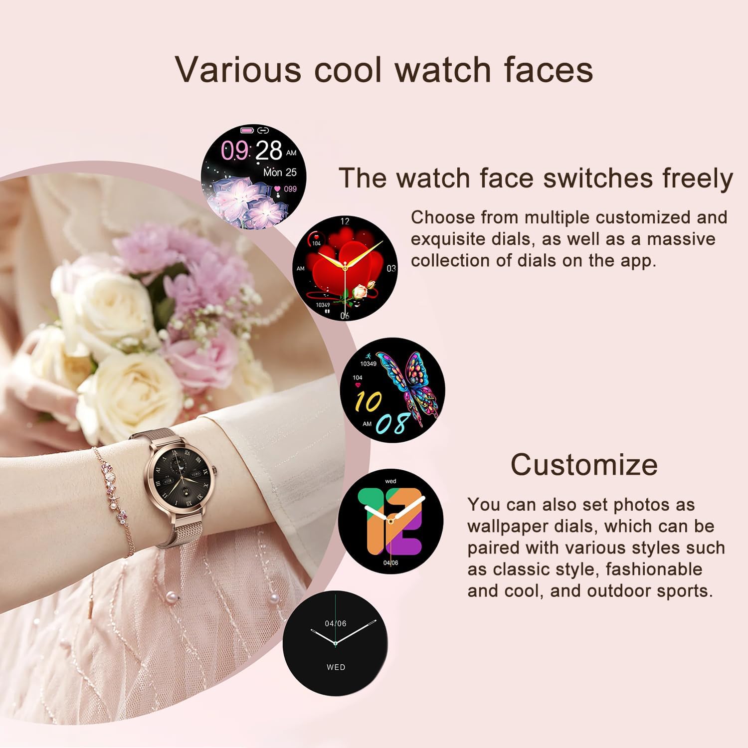 Smartwatch für Damen mit Bluetooth-Anruf, Smartwatch für iPhone und Android-Telefone, Fitness-Tracker-Uhr mit Anruf-/Antwortfunktion, wasserdicht, Herzfrequenz, Blutdruck, Blutsauerstoff (Gold) – Bild 5