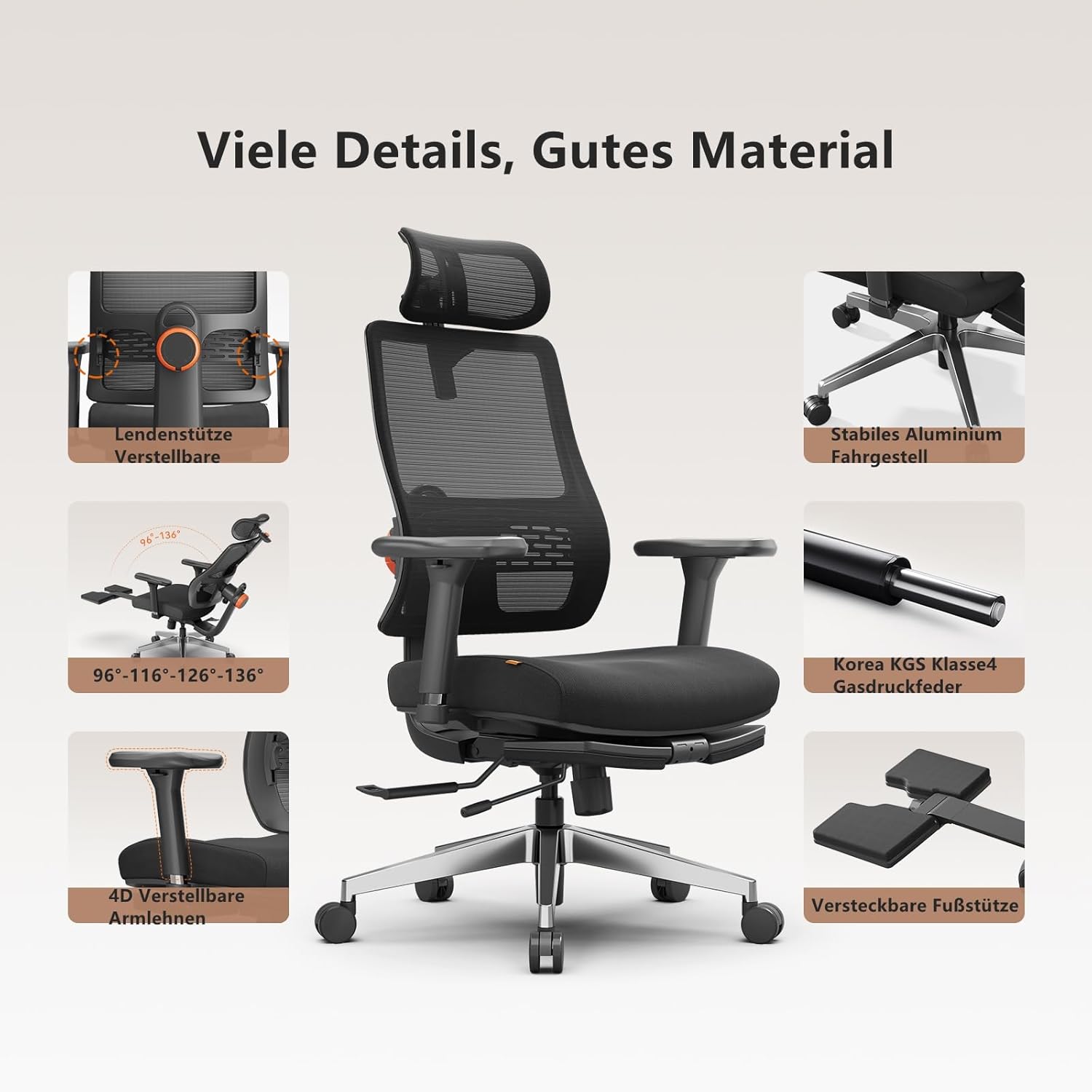 Newtral MAGICH-PRO Ergonomischer Bürostuhl mit Fußstütze, ergonomischer Schreibtischstuhl mit dynamischer Kopfstütze & Lordosenstütze, ergonomischer Bürostuhl (Magic Pro + abnehmbare Tischplatte, schwarz) – Bild 6
