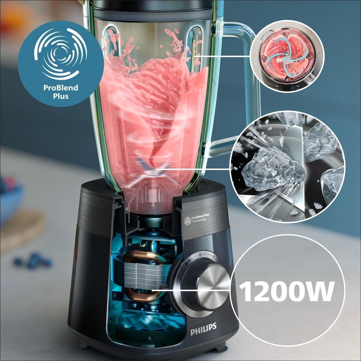 Mixer der Philips 5000-Serie mit Mix- und Go-Behälter – 1200 W. 2 l maximales Fassungsvermögen. ProBlend Plus-Technologie. Spülmaschinenfeste Teile. Schwarz (HR3031/00) – Bild 2