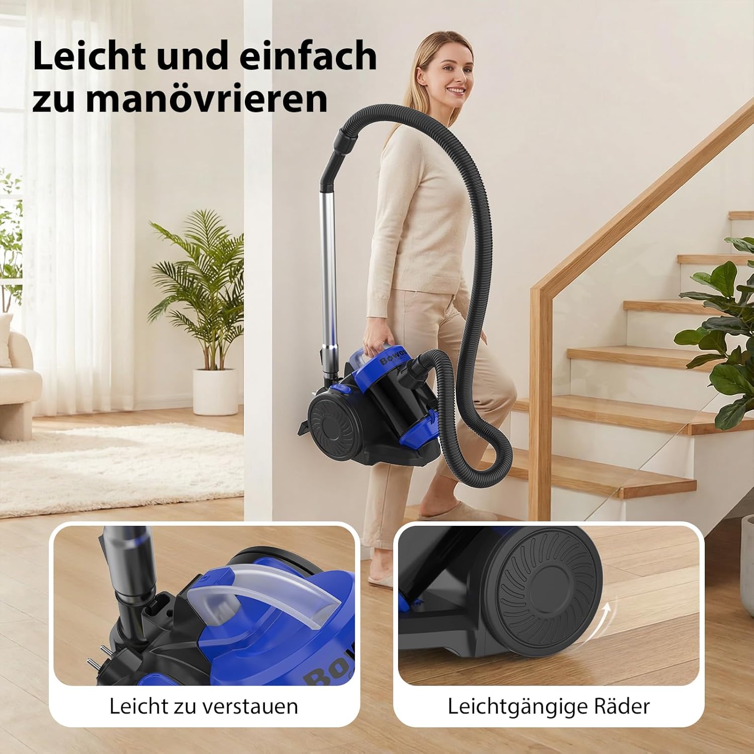 Zyklon-Staubsauger, beutellos, 1000 Watt, Staubsaugerzylinder, leistungsstarker Bodenstaubsauger mit HEPA-Filter, Bodendüse für Hartböden und Teppich, 1,5 Liter Staubbehälterkapazität, 10 m Arbeitsradius – Bild 4