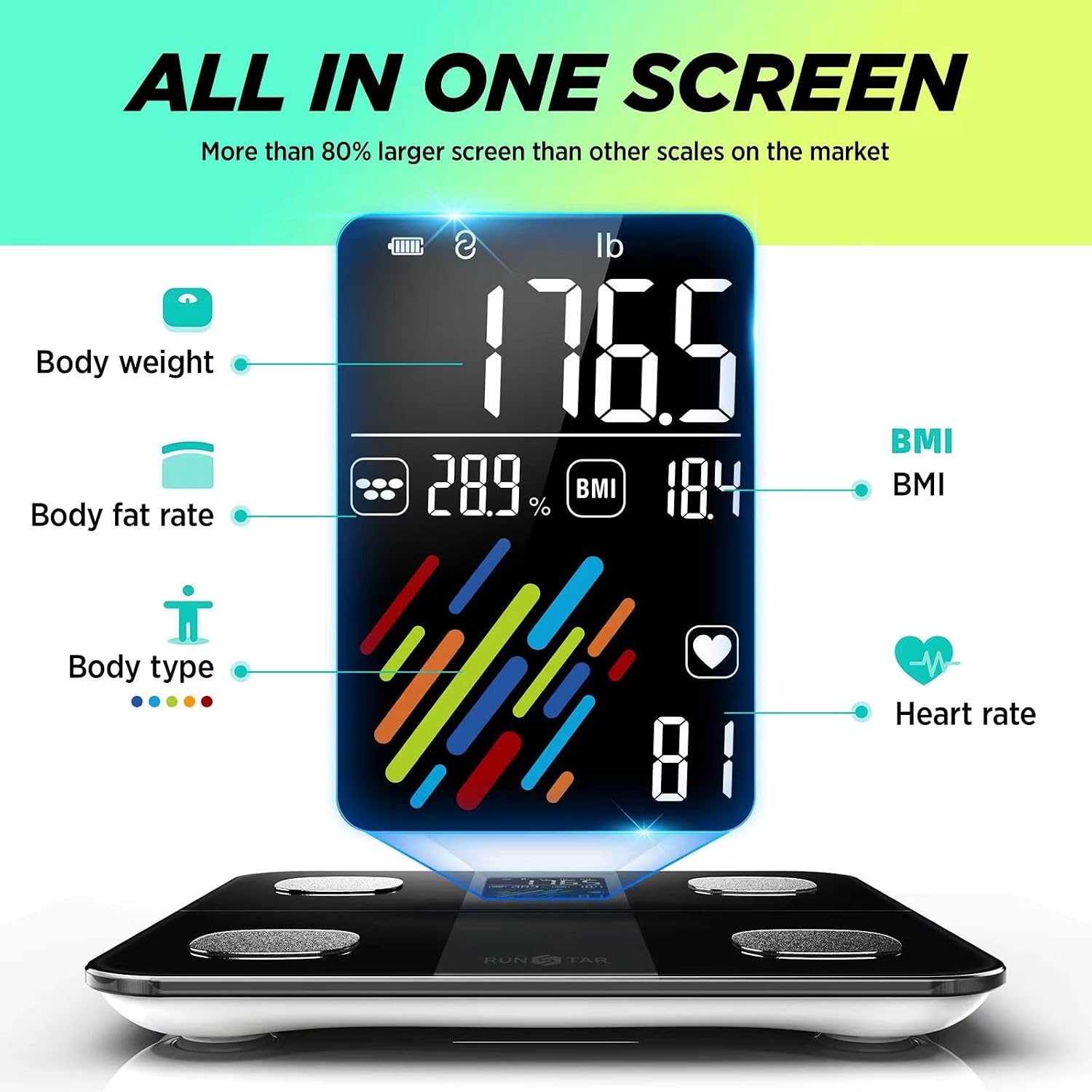 Runstar Körperfettwaage mit hoher Genauigkeit, digitale Personenwaage mit großem Display, Personen für 15 Körperzusammensetzungsmetriken, mit App-Synchronisierung, 180 kg/400 lb, Schwarz – Bild 2