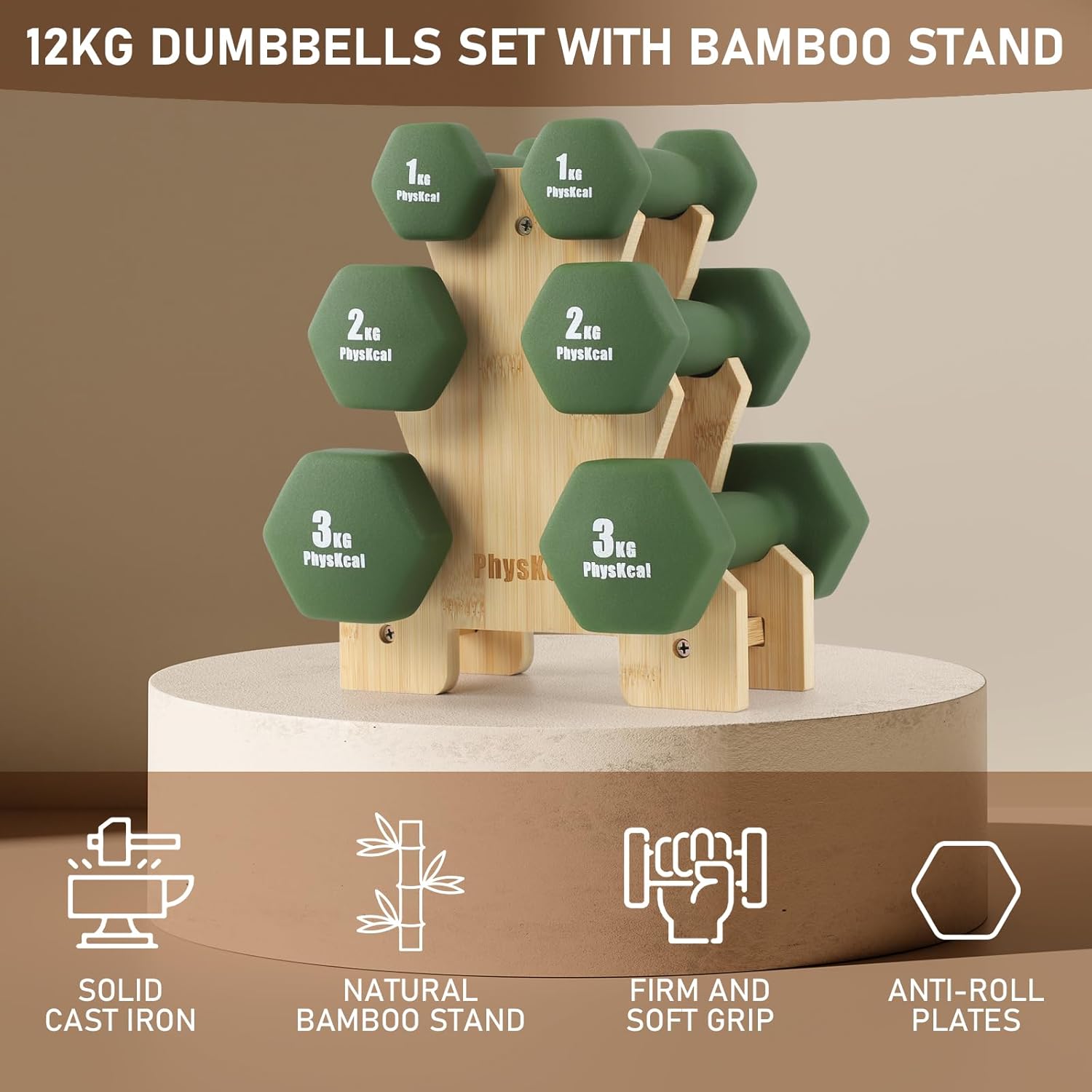PhysKcal 6er- Hanteln Set mit Bambusständer, Kleine Neopren Kurzhantel Set | Stilvolles Fitnessgeschenk für Anfänger, Damen und Kinder, ästhetisch als Wohnaccessoire, ideal für Pilates, Reha und Cardio – Bild 2