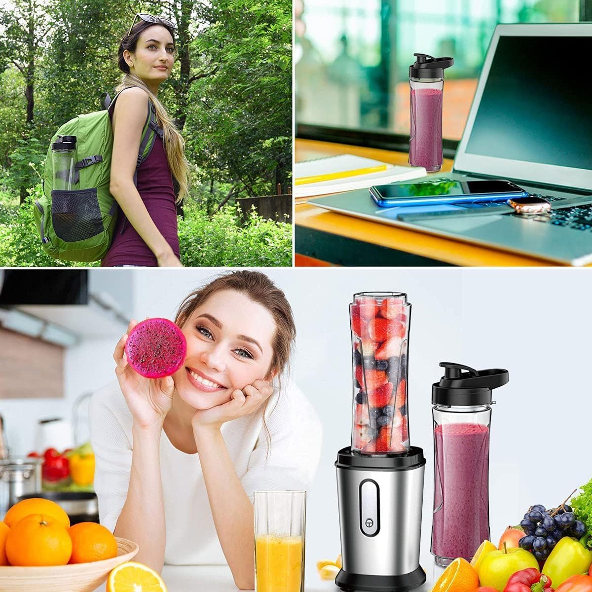 Mixer, 500W Mini Standmixer & Smoothie Maker mit 2 x 600 ml Flaschen, BPA-freies Tritan, tragbarer Mixer Smoothie Maker aus Edelstahl, 4 Blatt zum Shaken, Smoothie, Silber (Silber) – Bild 7