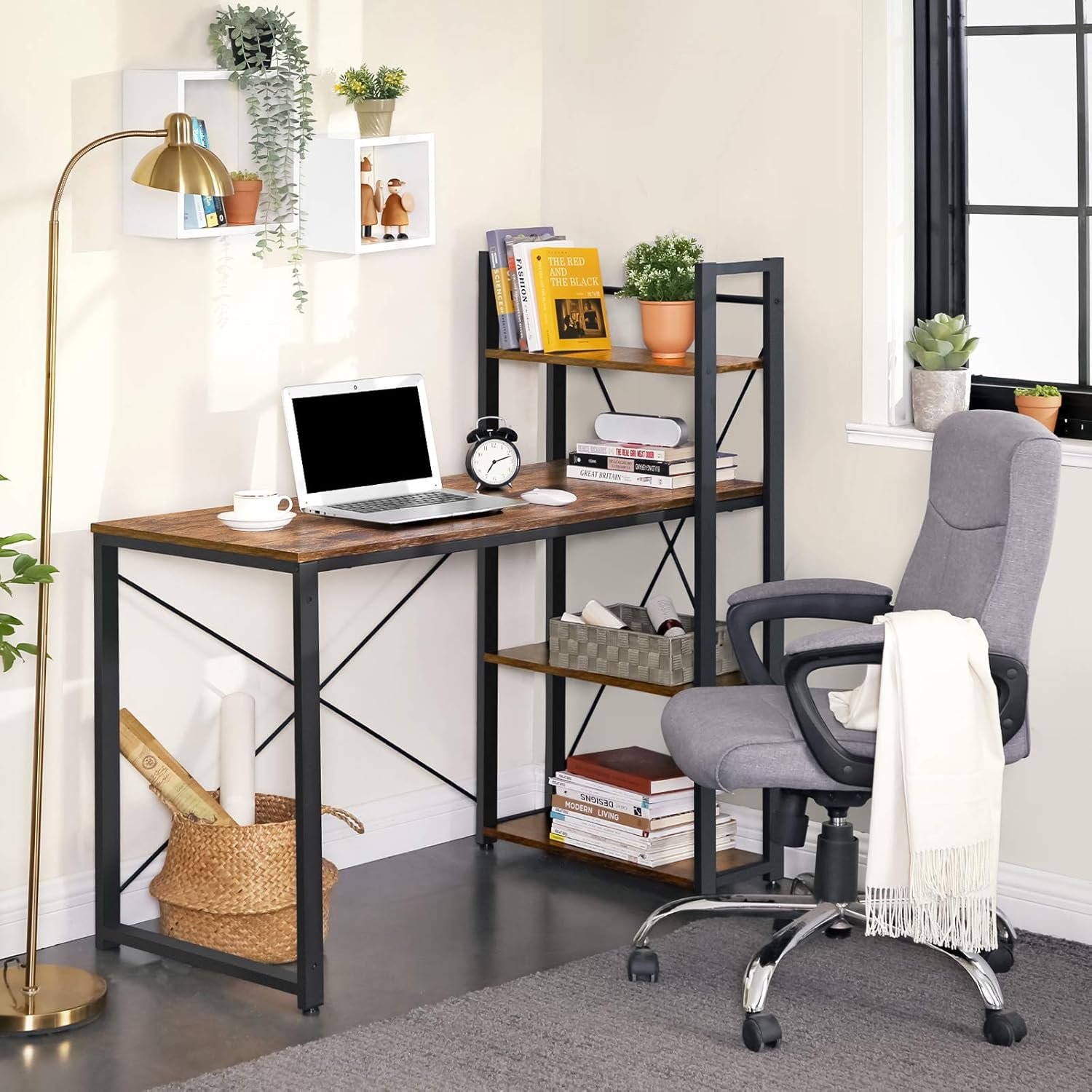 VASAGLE Schreibtisch, 120 cm lang, Computertisch mit Regalen rechts oder links, Bürotisch, Arbeitszimmer, Heimbüro, einfache Montage, stabiles Industriedesign, Vintage-Braun/Schwarz LWD48X – Bild 2