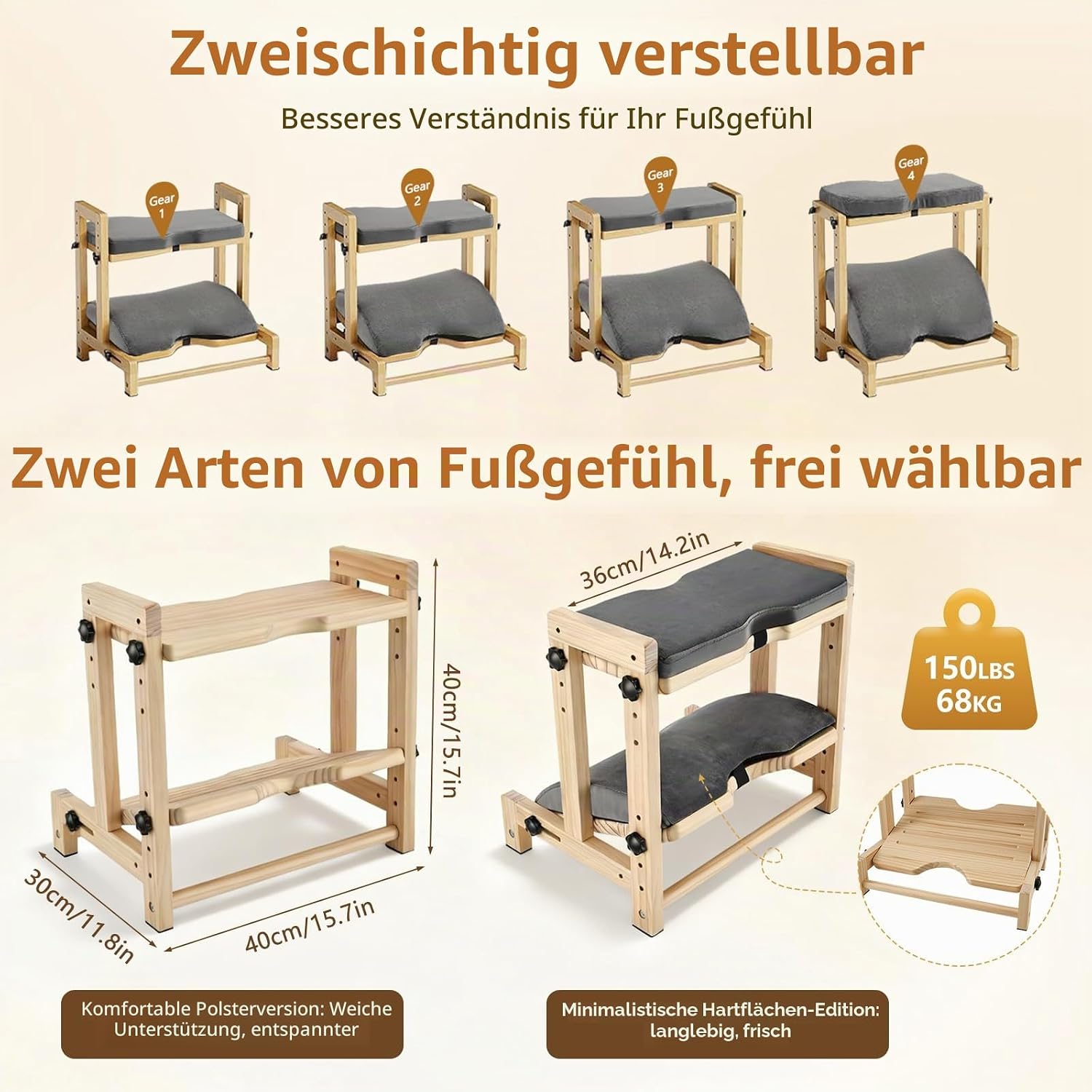 2-in-1 Fußstützen-Schreibtisch als Bein- & Fußstütze, 4-fach verstellbarer Fußhocker aus Kiefernholz, Entlastung von müden Beinen, herausnehmbare weiche Polsterung, rutschfeste Fußstütze für Büro & Zuhause – Bild 3