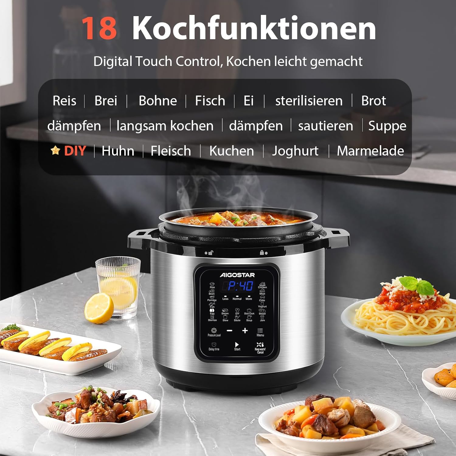 Aigostar Schnellkochtopf, 6 Liter, 18-in-1-Multikocher, antihaftbeschichtet, einfache Reinigung, 1000 W, Schnellkochtopf, Reiskocher, Schongarer, Dampfgarer, Joghurtbereiter, Speisenwärmer mit farbigem Rezeptbuch – Bild 3