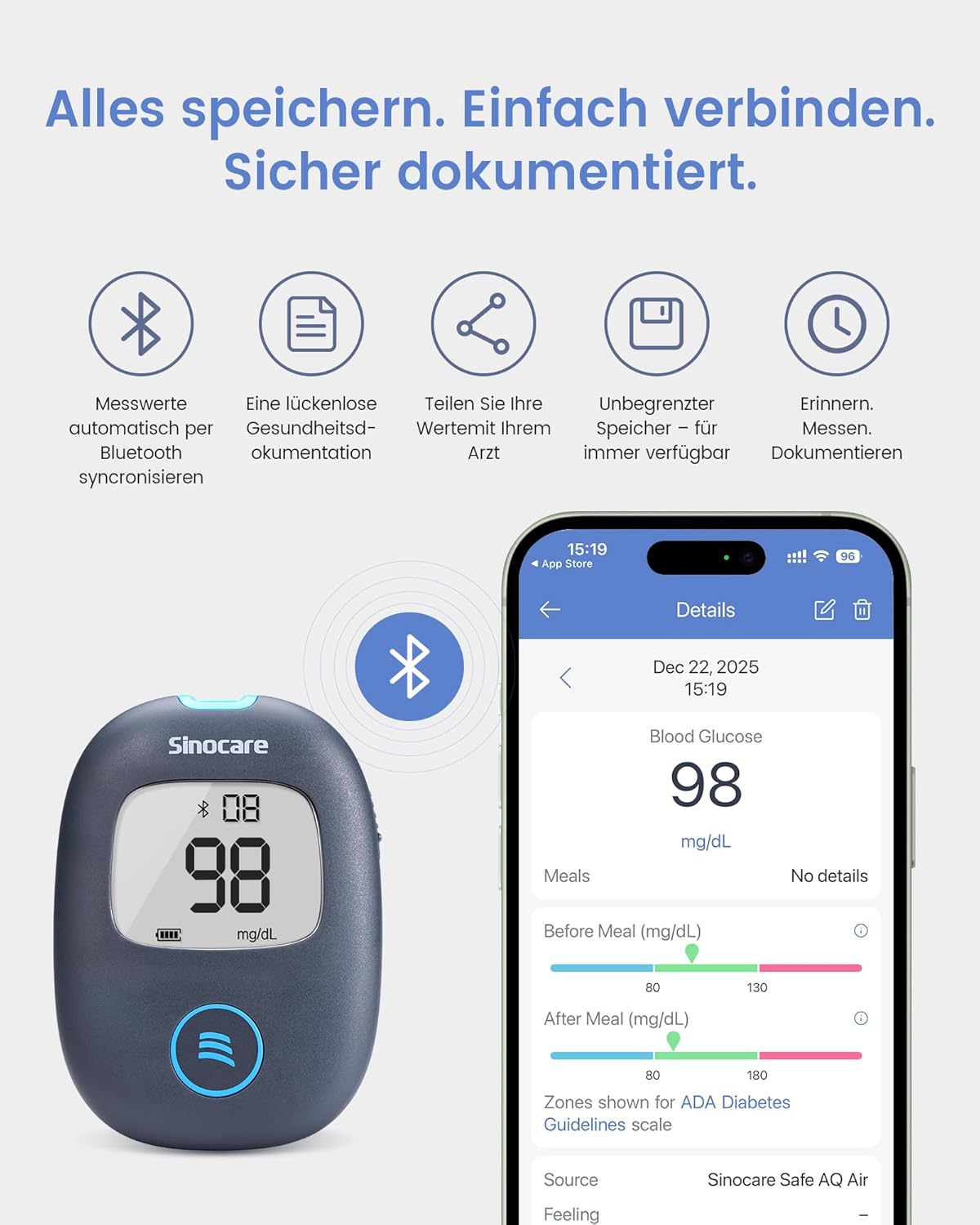 Sinocare Blutzuckermessgerät Bluetooth mit App – klinische Präzision, 5-Sekunden-Probenahme, 50 Teststreifen + 50 Lanzetten, mg/dl, sichere AQ-Luft – Bild 4