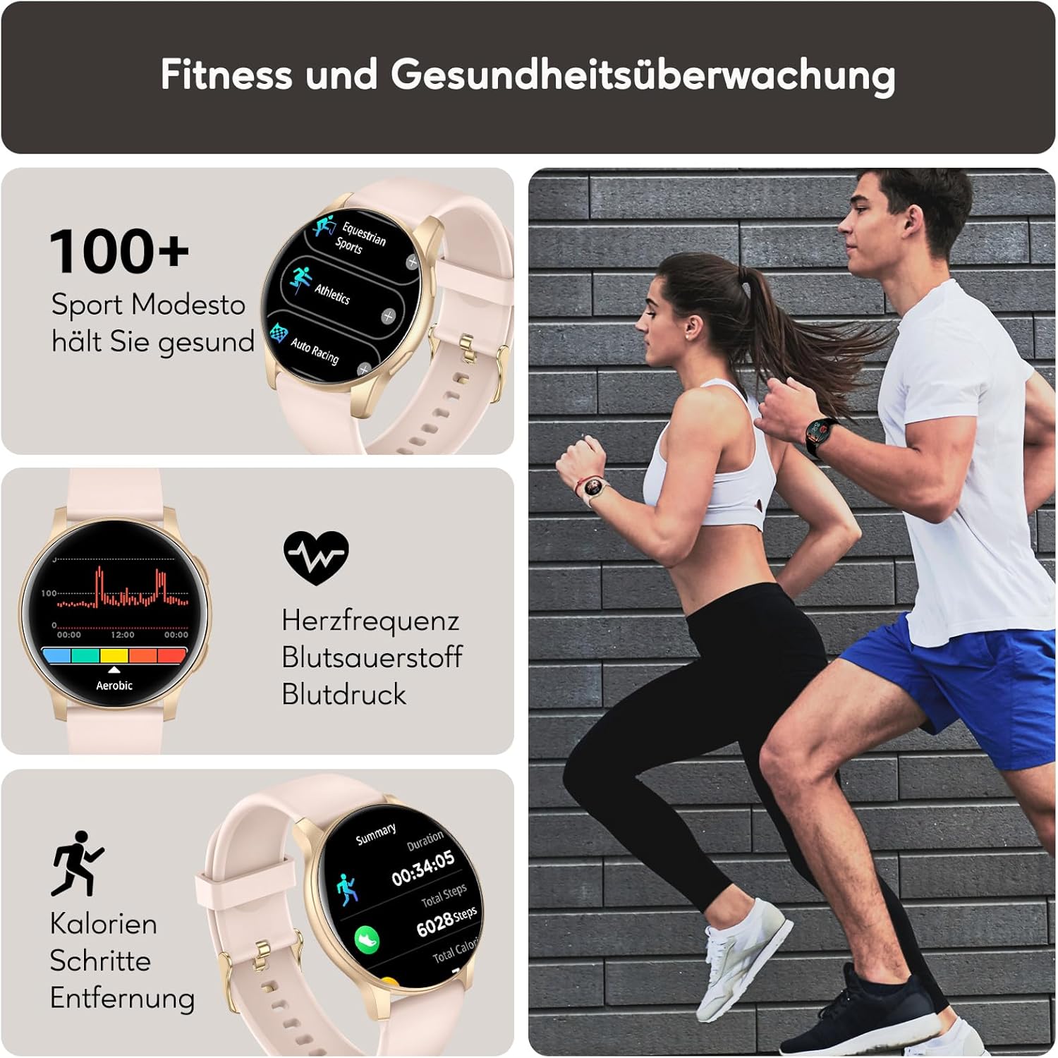 AcclaFit Smartwatch Damen Herren 1,38 Zoll HD-Display Smartwatch mit Bluetooth-Anrufen, Fitness-Tracker mit Herzfrequenz-SpO2-Schlafmonitor Schrittzähler IP68 wasserdichte Fitnessuhr für iOS Pink – Bild 3