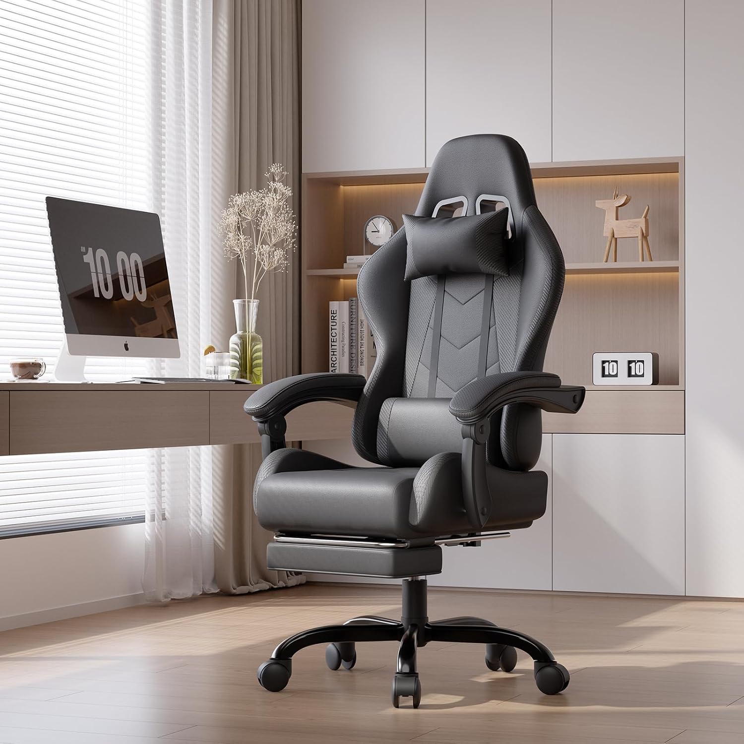 JUMMICO Gaming Stuhl, Bürostuhl ergonomisch mit Massagefunktion, Gamer Stuhl verstellbare Rückenlehne 90-135° und Fußstütze, Gaming Stuhl 150 kg belastbar, Schwarz – Bild 2