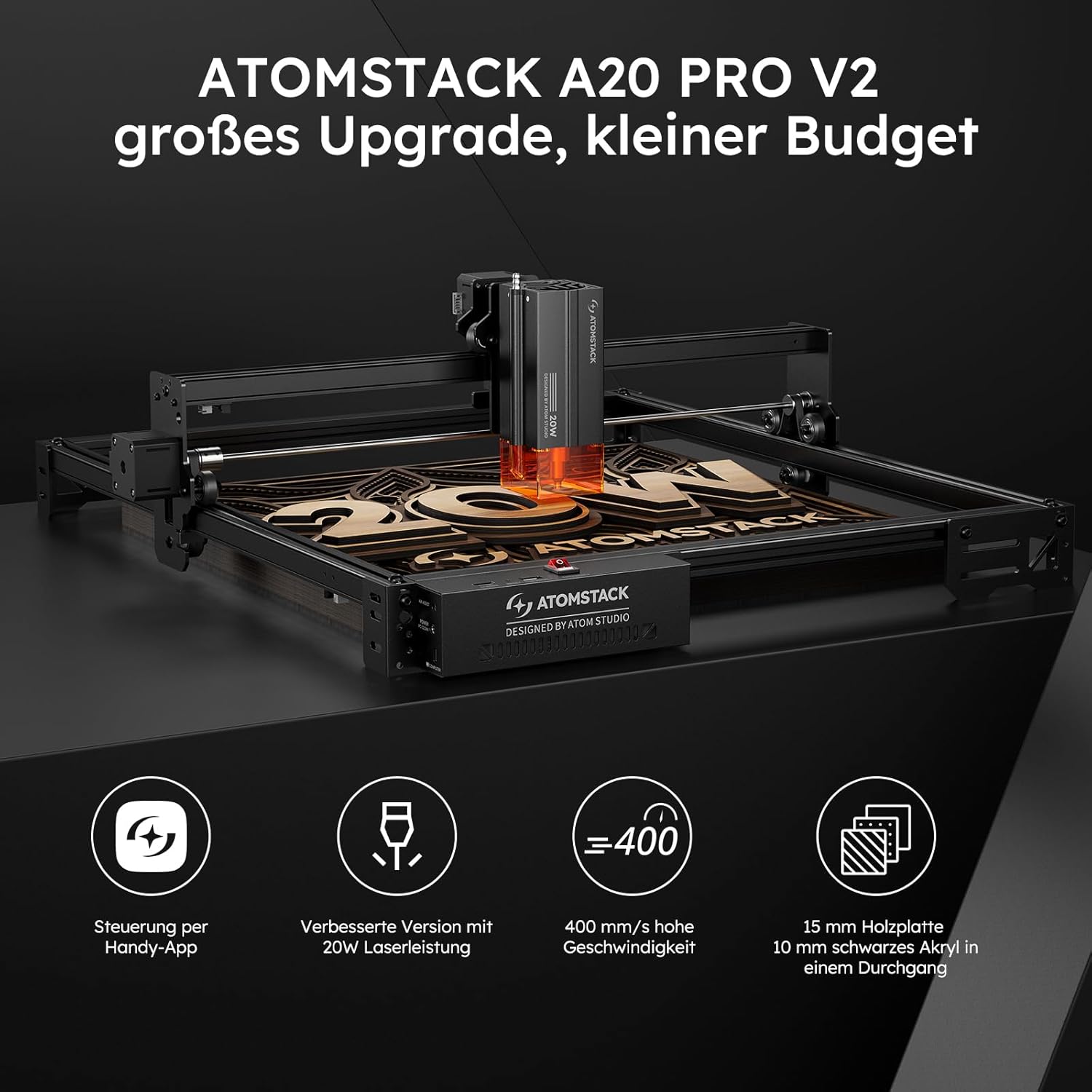 ATOMSTACK SWIFT A20 PRO V2 20 W Lasergravurmaschine, Gravurbereich: 410 x 380 mm, Laserschneider, hochpräziser Laserschneider für personalisierte Geschenke, Holz, Acryl, Leder (SWIFT A20 PRO V2 20 W, Schwarz) – Bild 6