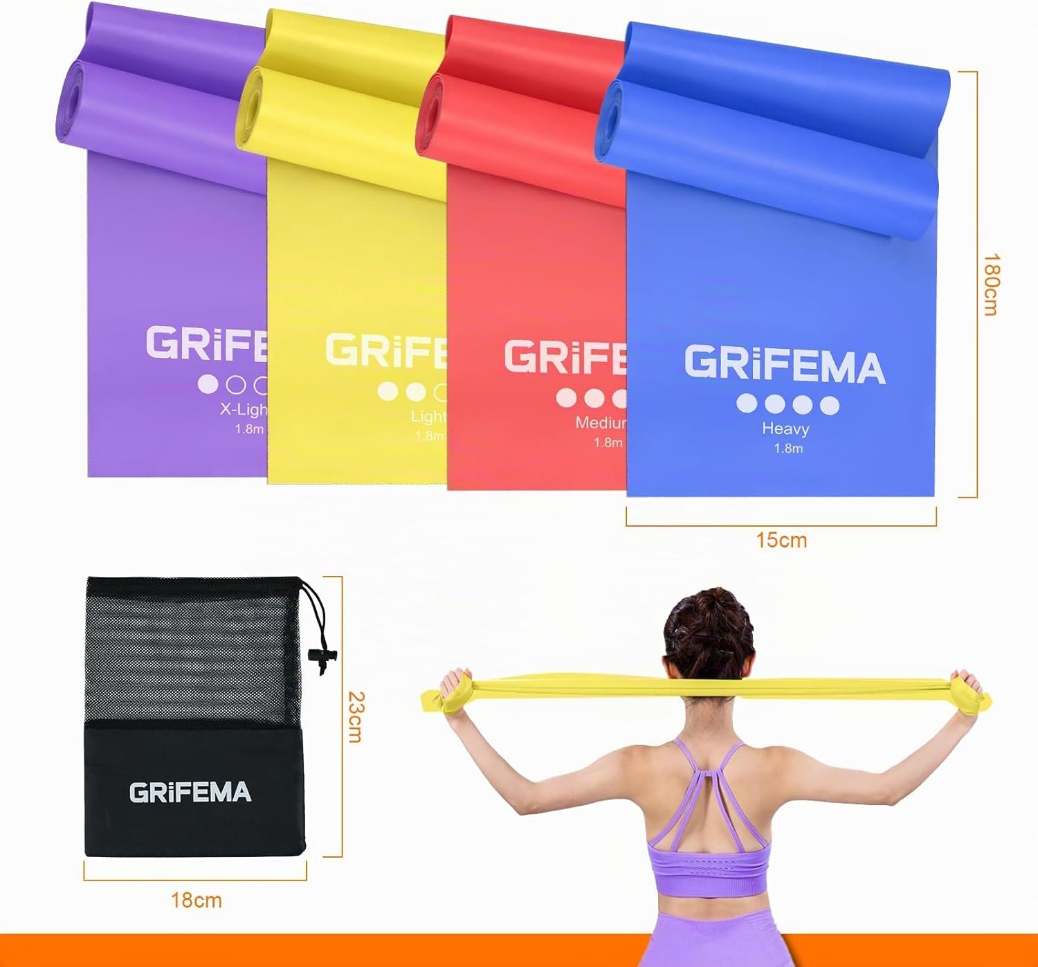 GRIFEMA Fitnessbänder (4er-Set), Übungsband mit 4 Widerstandsstufen, Fitnessband mit Tragetasche & Übungsanleitung, Widerstandsbänder für Yoga, Pilates, Blau, Rot, Gelb, Lila – Bild 2