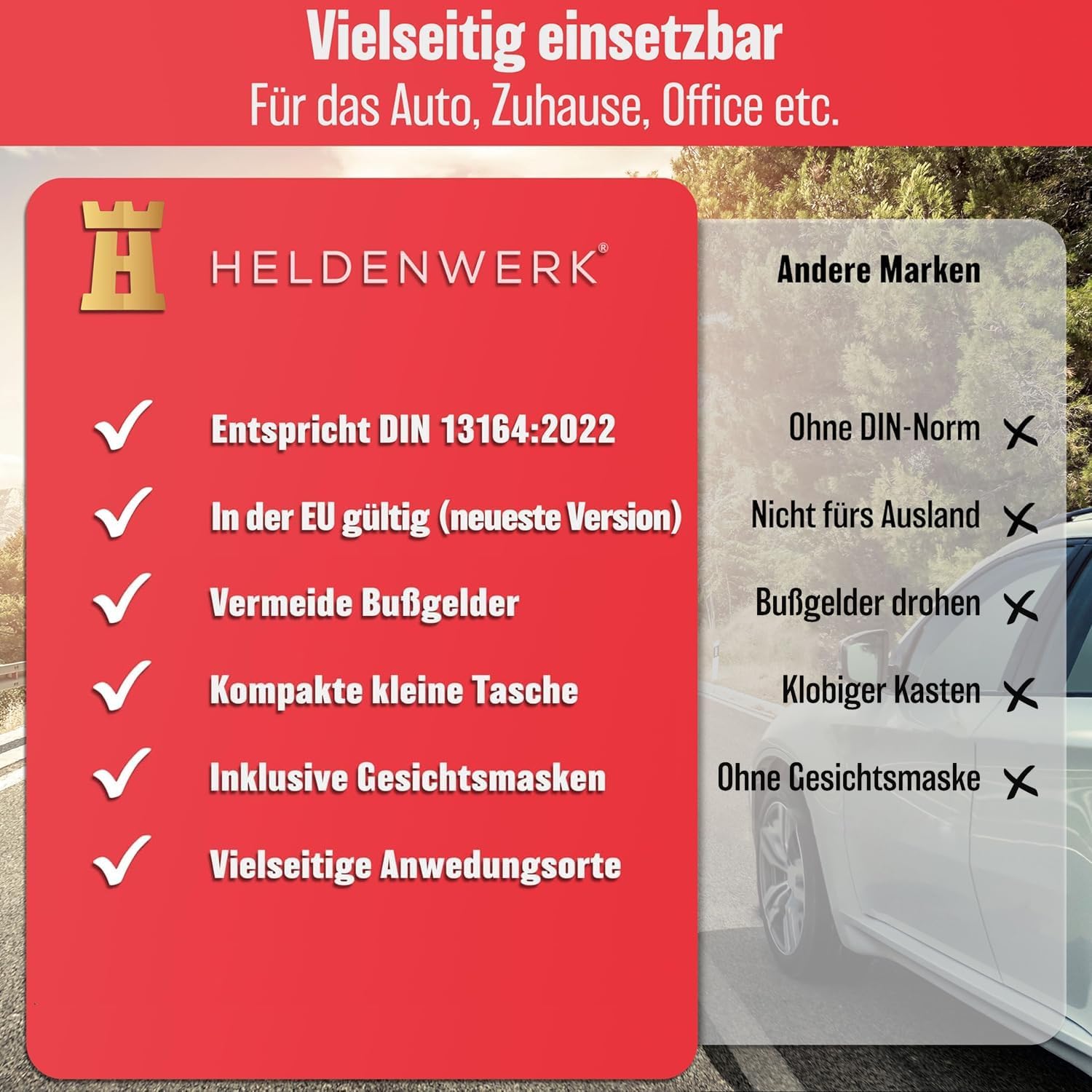 HELDENWERK Auto-Verbandstasche nach aktueller Norm 2026 – Europa einsetzbar – Erste-Hilfe-Set KFZ-Verbandtasche DIN 13164:2022 (StVO konform) – Bild 5