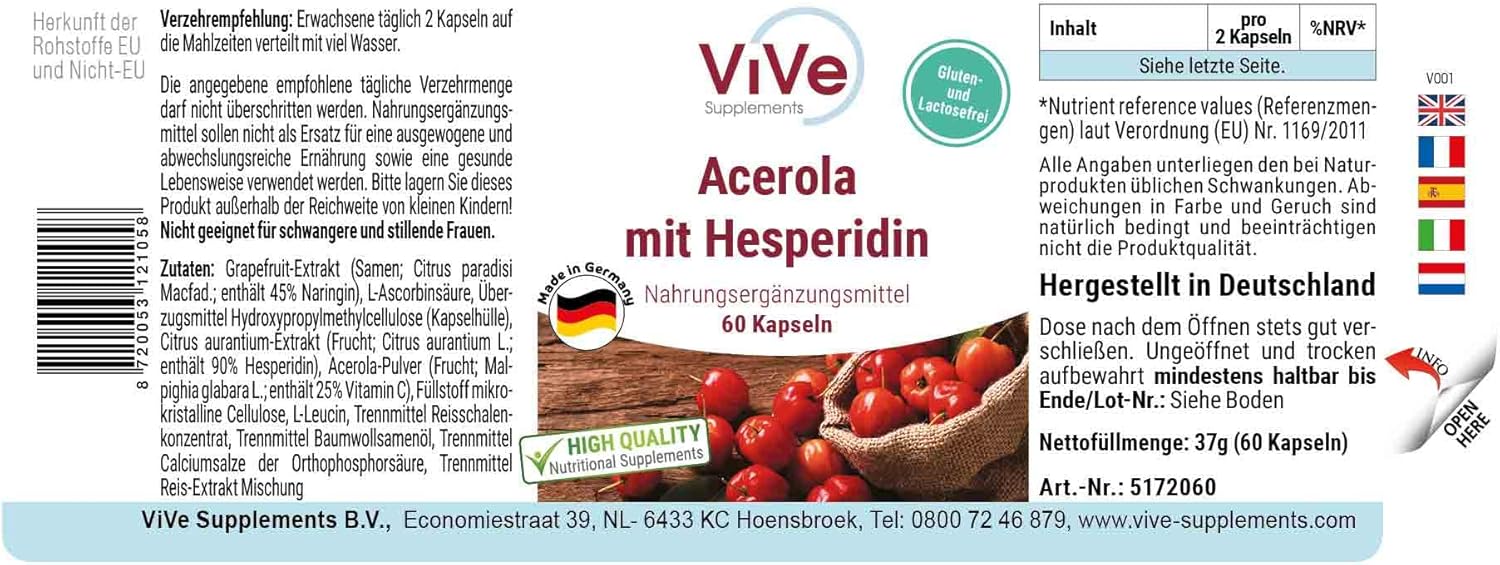 Acerola mit Hesperidin – 60 Kapseln mit Vitamin C, Grapefruitkernextrakt und Bitterorangenextrakt – hochdosiert und vegan – standardisierte Extrakte | Qualität aus Deutschland ViVe Supplements – Bild 7