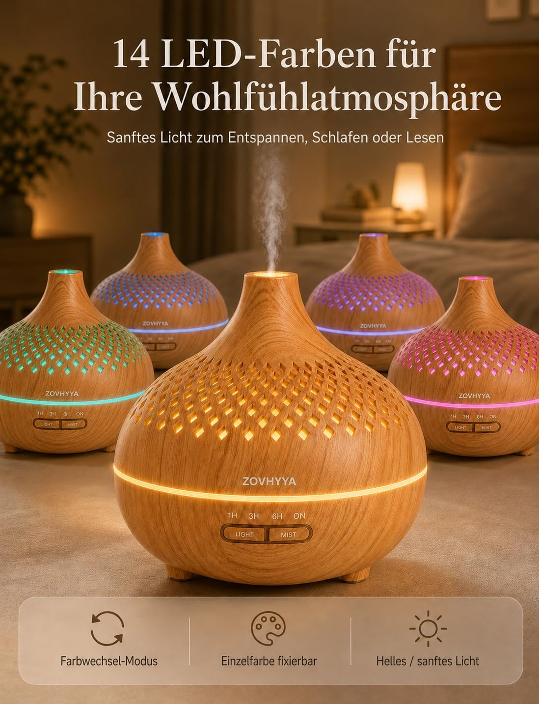 500 ml Aromadiffusor für ätherische Öle, Aromatherapie-Diffusor mit 8 Ölen, Fernbedienung, 4 Timer, 14 Farben und 2 Sprühmodi (Goldgelb) – Bild 3