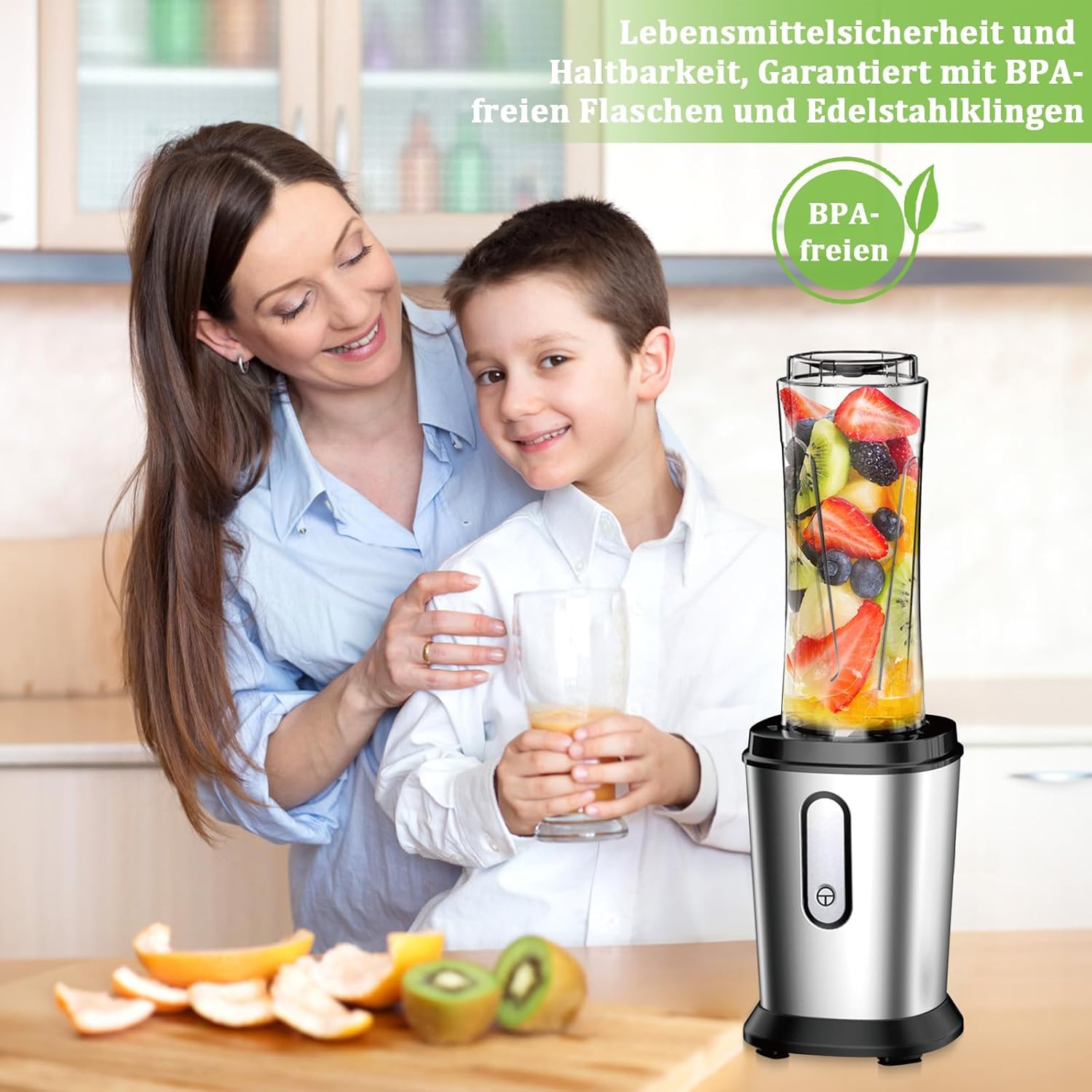 Mixer, 500W Mini Standmixer & Smoothie Maker mit 2 x 600 ml Flaschen, BPA-freies Tritan, tragbarer Mixer Smoothie Maker aus Edelstahl, 4 Blatt zum Shaken, Smoothie, Silber (Silber) – Bild 5