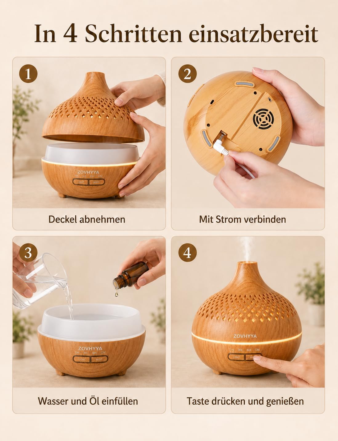 500 ml Aromadiffusor für ätherische Öle, Aromatherapie-Diffusor mit 8 Ölen, Fernbedienung, 4 Timer, 14 Farben und 2 Sprühmodi (Goldgelb) – Bild 8