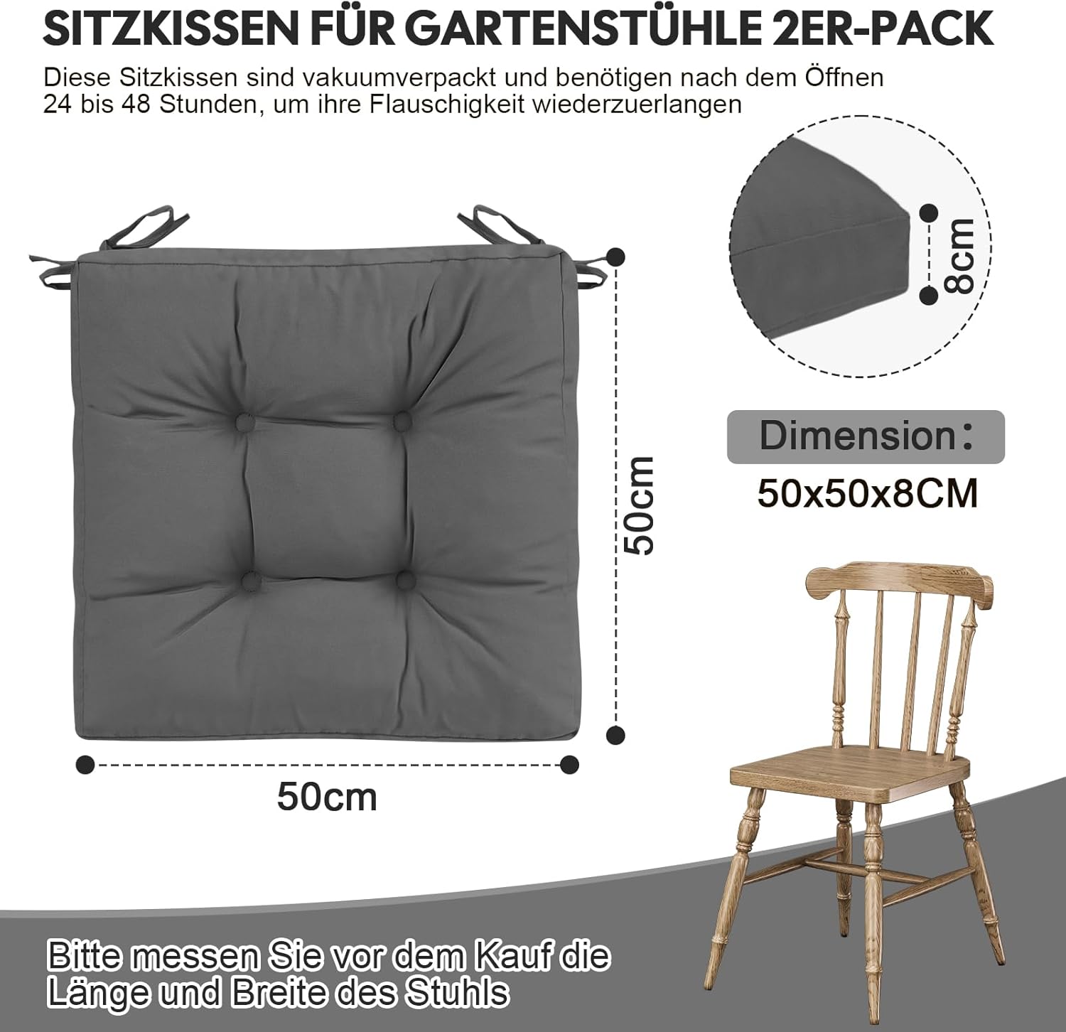 2er-Set Outdoor-Sitzkissen, wasserdicht, 50 x 50 x 8 cm, UV-beständige Kissen für Gartenstühle, Terrassenmöbel, Rattanstuhl, langlebige Stuhlkissen für Balkon, Pool, Camping, Grau – Bild 2