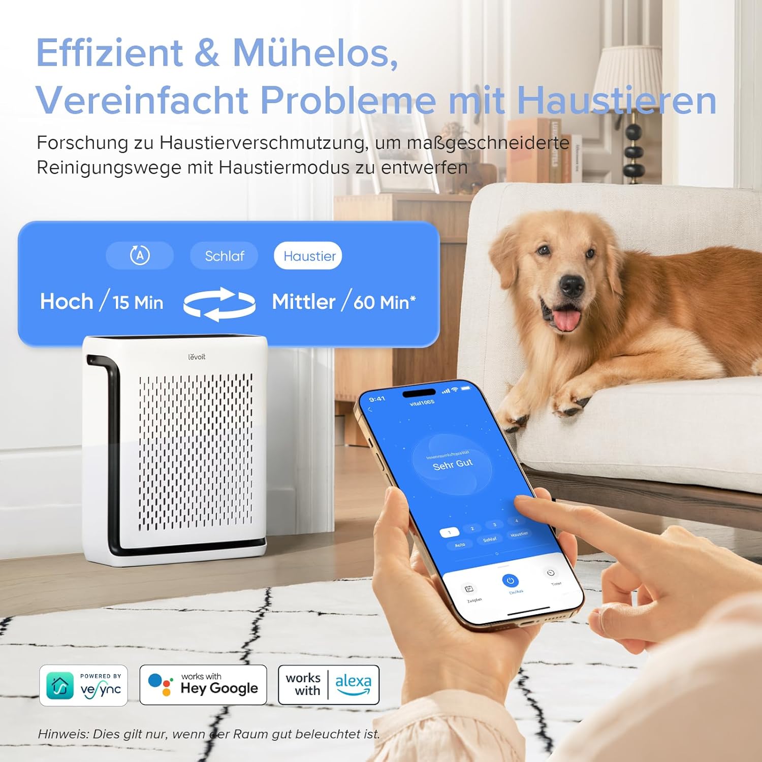 Levoit Vital 100S HEPA-Luftreiniger für Allergiker, CADR 243 m³/h, HEPA- und Aktivkohlefilter, leise, PM2.5-Sensor, App und Alexa, gegen Staub, Pollen, Rauch und Gerüche, bis zu 52 m², Mondweiß – Bild 4